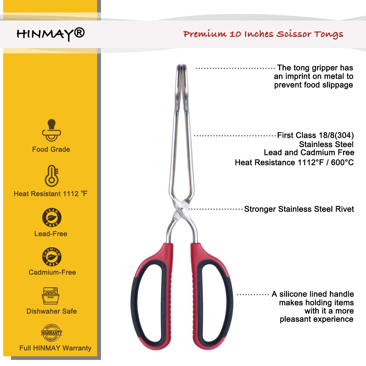 Hinmay Stainless Steel Scissor Tongs With Comfort-Grip Handle 10-Inch, Set Of 2