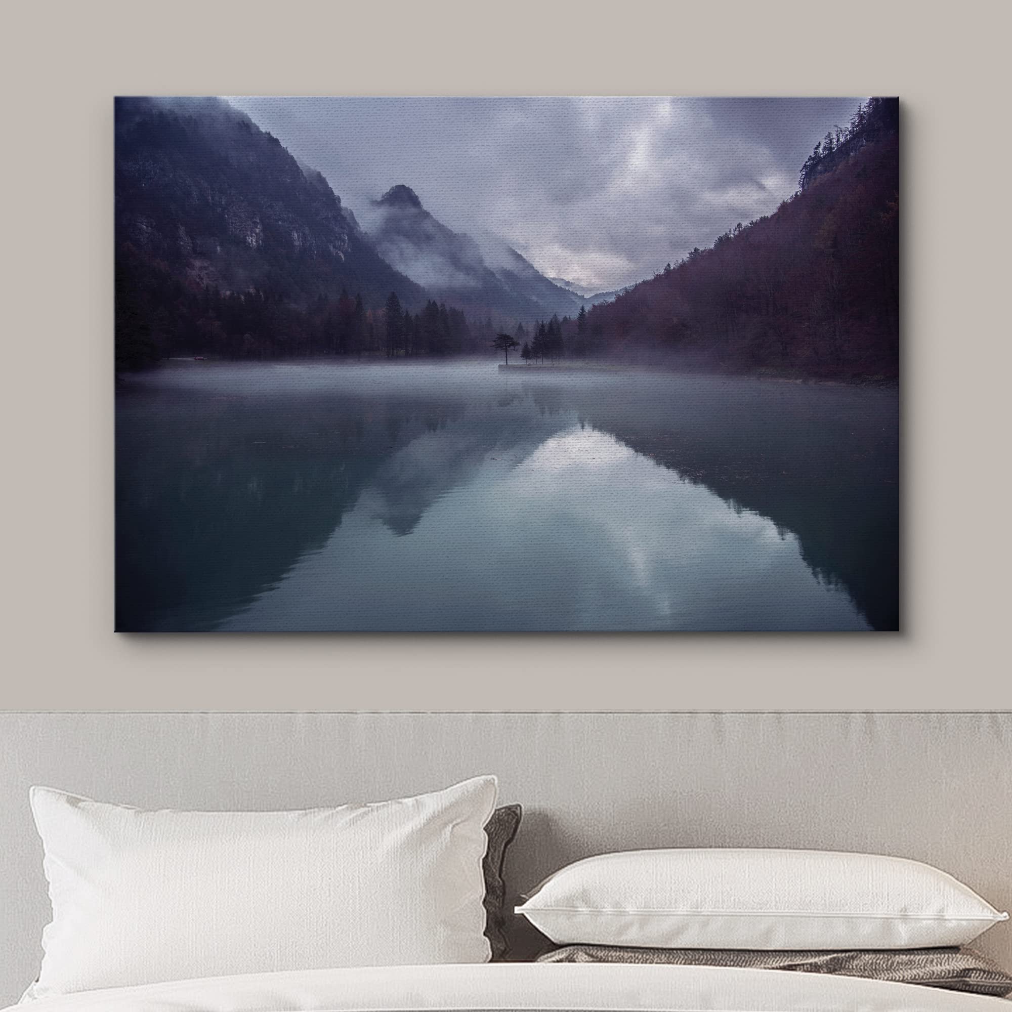 Wall26 Canvas Print Wall Art Dark Blue & Purple Misty Mountain Reflections Nature Wilderness Photography Modern Art Rustic Sceni