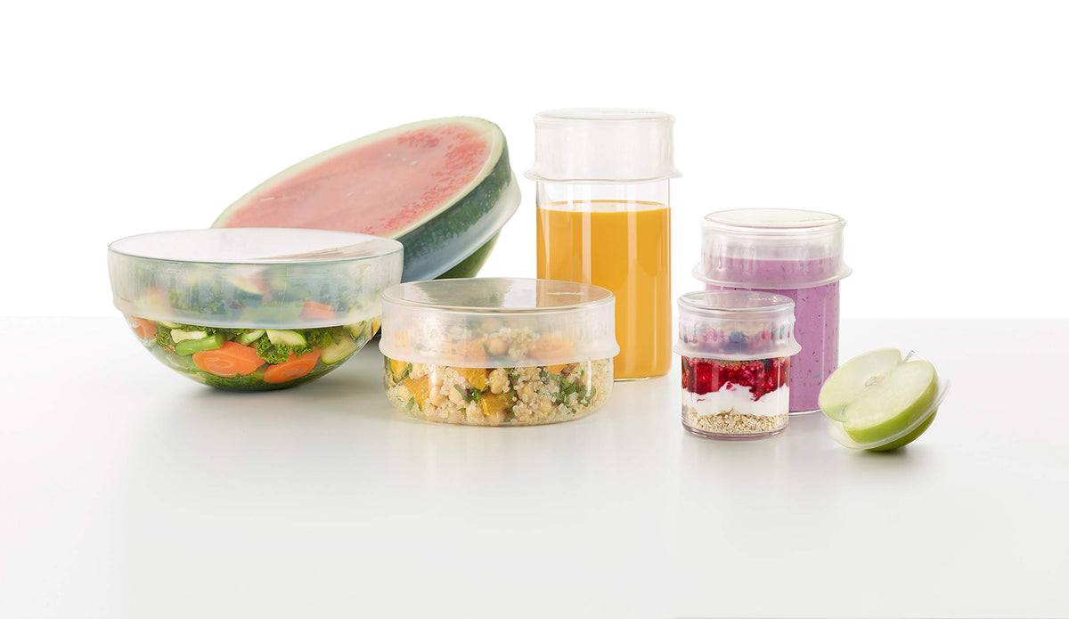 Lekue Reusable Silicone Flexible Lid Set Of 6. Set Includes:(1) 3.3'' Lid, (2) 4.5'' Llids, (1) 6'' Lid, (1) 8'' Lid, (1) 10.2''