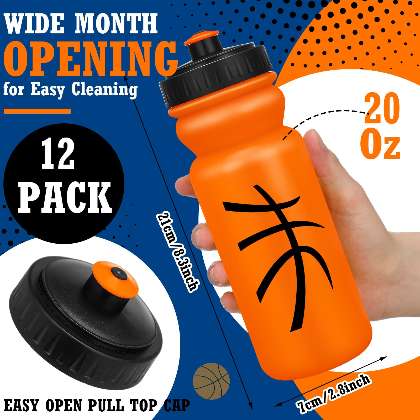 Nitial 12 Pack Basketball Water Bottles Bulk 20 oz Reusable Squeeze Water Bottles Plastic Sports Bottle with Pull Top Cap Sports