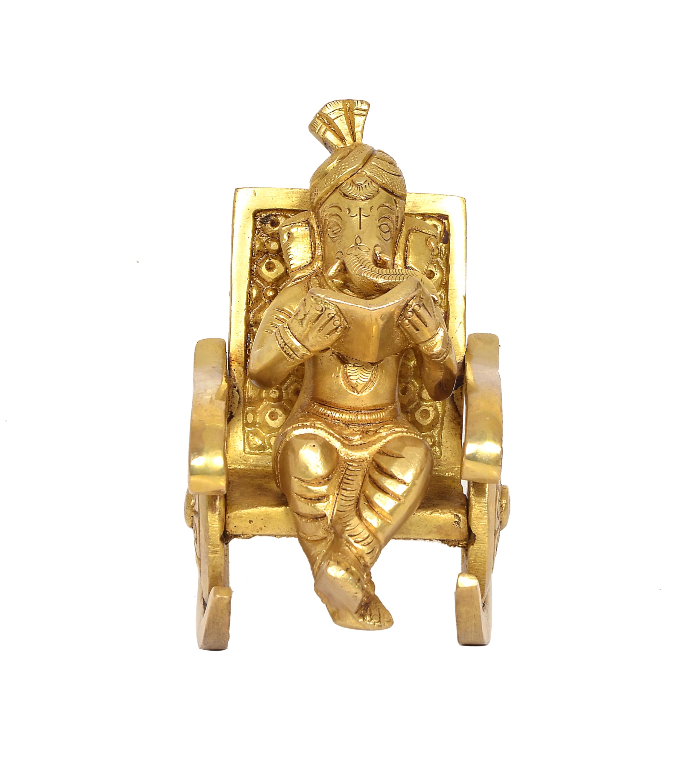 Dattatreya Brass Ganesha Statue Book Reading Turbaned Ganesh Sitting On Chair Sculpture Golden (Height 5 Inch)