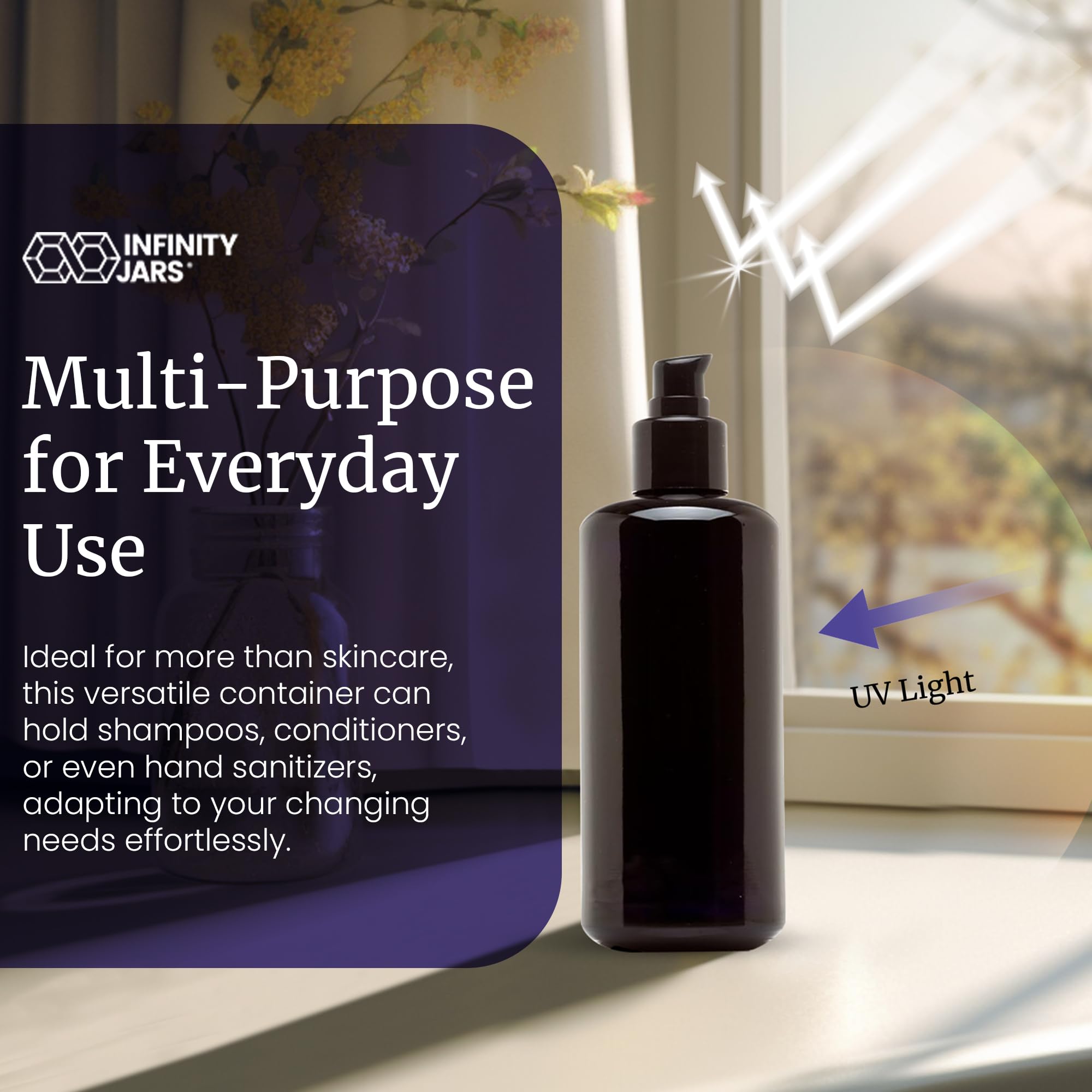 Infinity Jars 200 Ml (6.8 Fl Oz) Refillable Ultraviolet Black Glass Pump Bottles Leak-Proof Travel Containers For Toner, Sanitiz