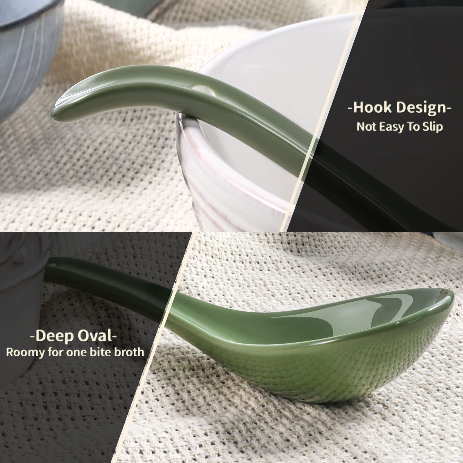Wareland Asian Soup Spoon Set Of 6, 6.75 Inch Ultra-Fine Ceramic Chinese Soup Spoons, Green Japanese Soup Spoon For Cereal Stews