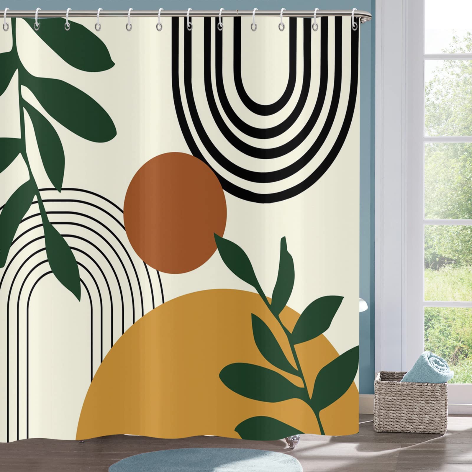 Yiartaan Abstract Boho Mid Century Shower Curtains For Bathroom Geometric Leaves Moon Phase Beige Modern Minimalistic Plant Fabr