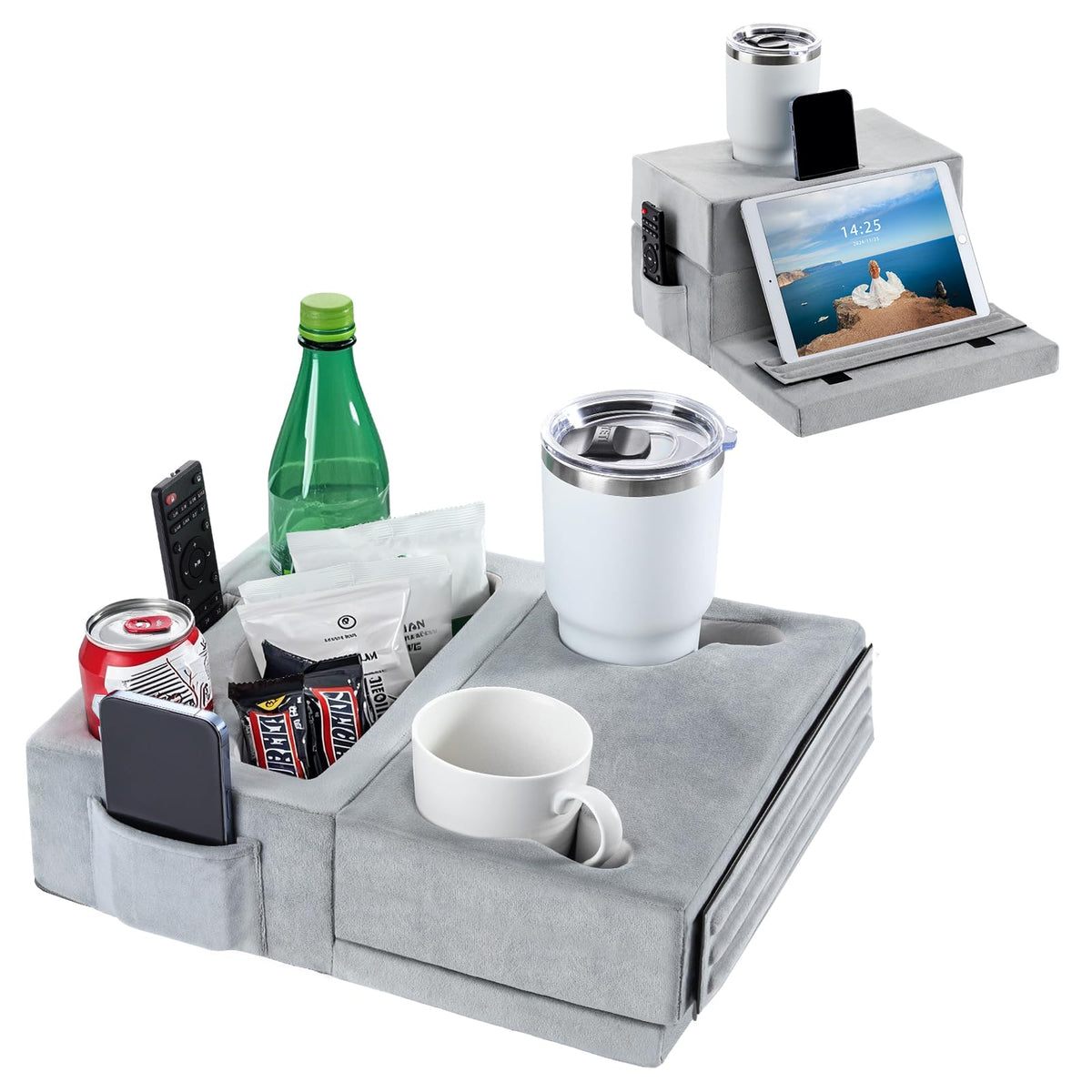 Luxspire Couch Cup Holder Tray, Couch Cup Holder Pillow With 8 Holes And Side Pocket, Tablet Pillow Couch Caddy For Ipad/Drinks/