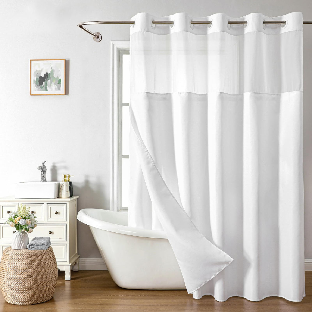 Eachope Extra Long No Hooks Needed Linen Textured Shower Curtain With Snap-In Fabric Liner Set,White Hotel Luxury Decor Shower C