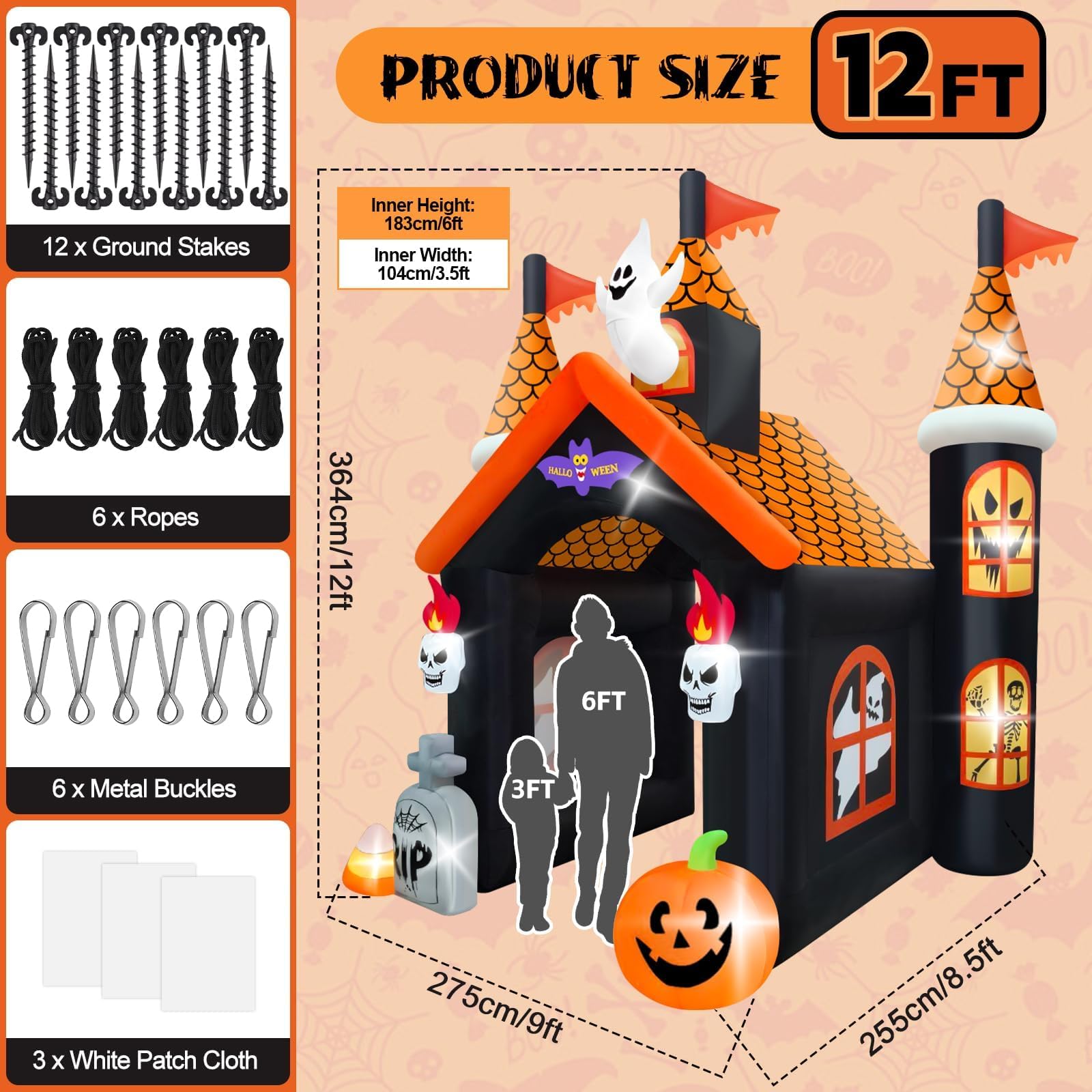 12FT Halloween Inflatable Archway with LED Light, Kalolary Large Haunted House Inflatable Ghost Pumpkin Blow up Tunnel Halloween