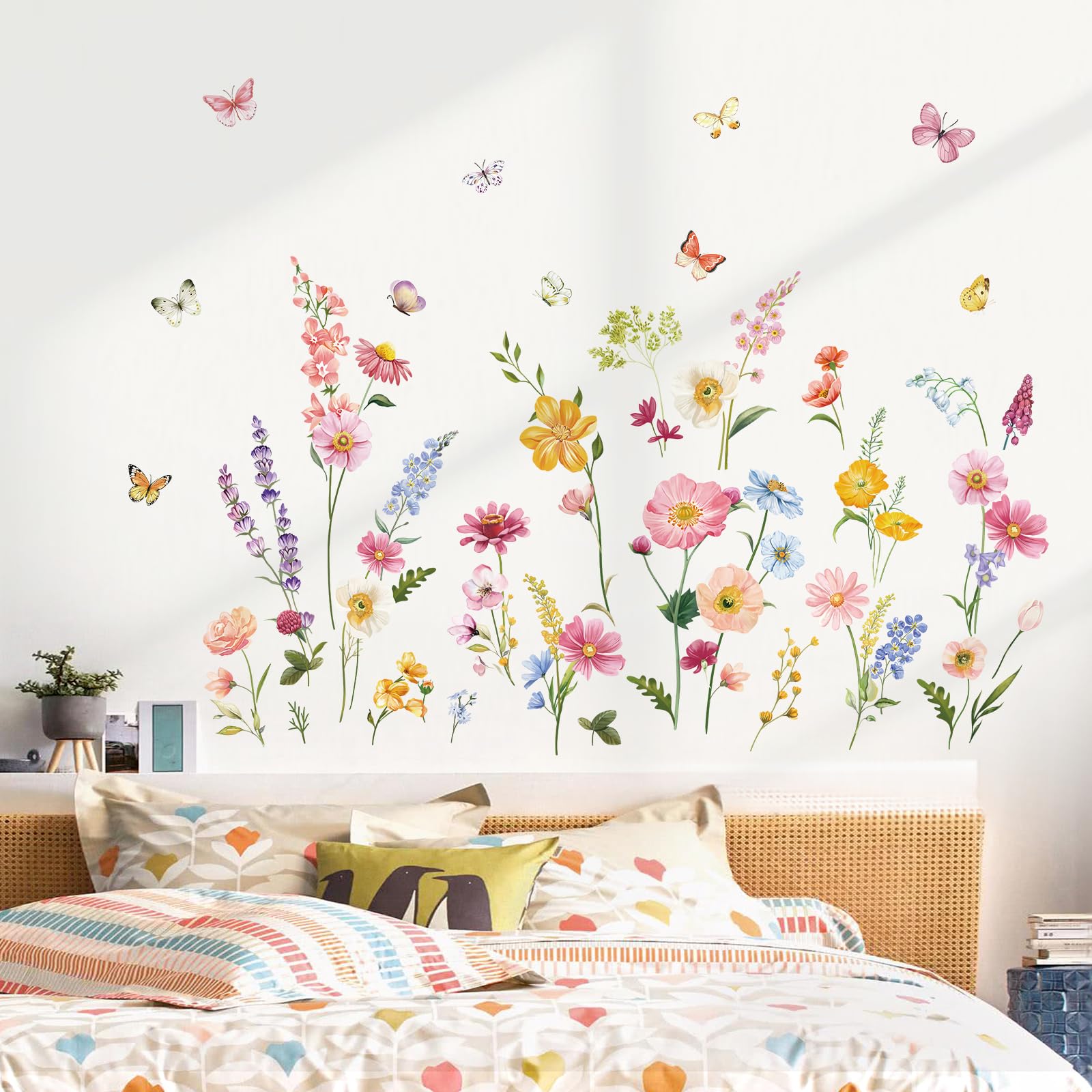 Decalmile Flower Wall Decals Daisy Wildflower Grass Butterflies Wall Stickers Girls Bedroom Living Room Home Office Wall Decor