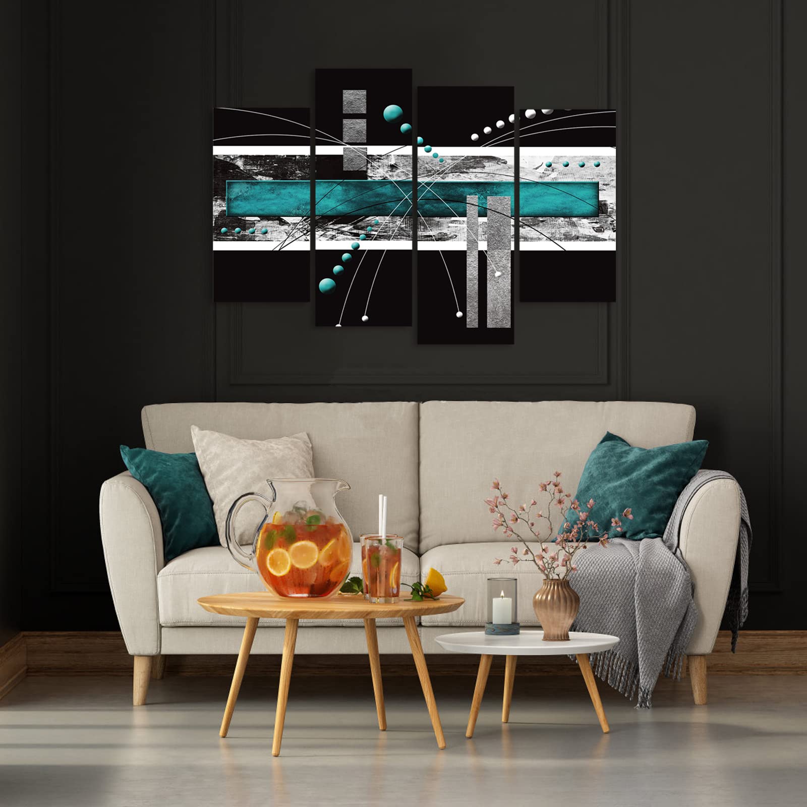 Ypy Large Black Teal Canvas Wall Art - 4 Panels Modern Abstract Picture Set For Home Decoration - Contemporary Painting Artwork
