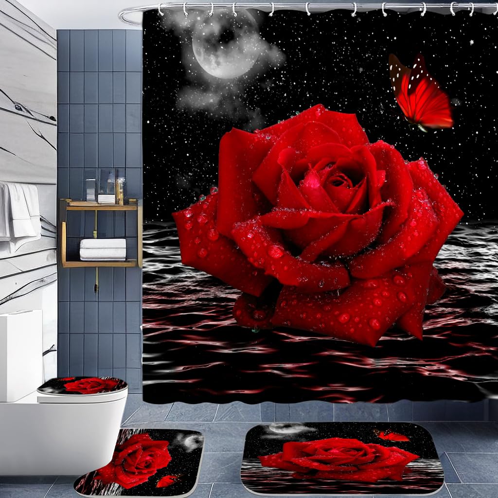 Alexex 4 Pcs Red Raindrops Rose Shower Curtain Sets,Black Sky Bathroom Set With Shower Curtain And Rugs And Accessories,Lunar Oc