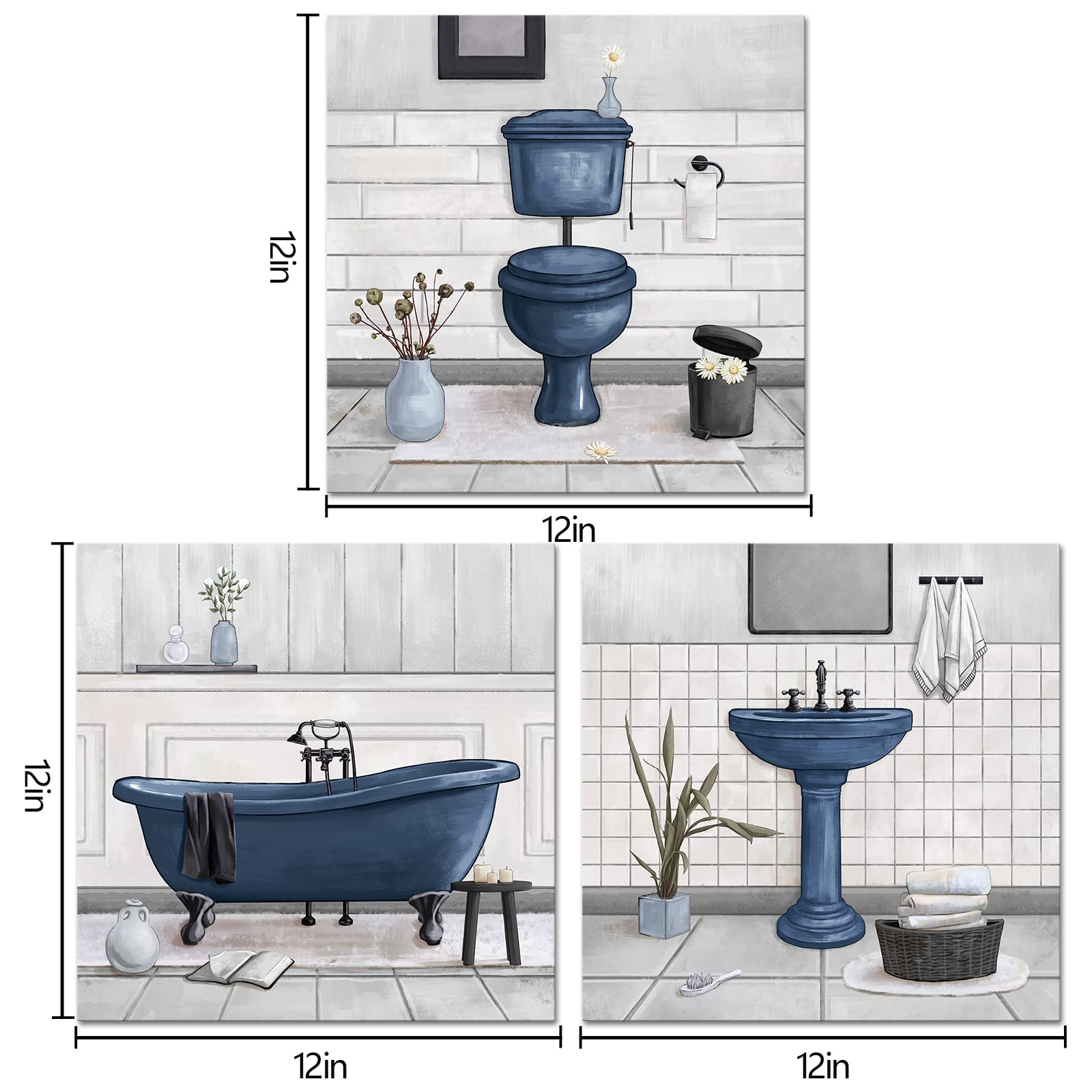 Homeoart Bathroom Wall Art Bath Tub Painting Picture Bathroom Wall Decor Framed Ready To Hang 12X12Inchx3,Deep Blue