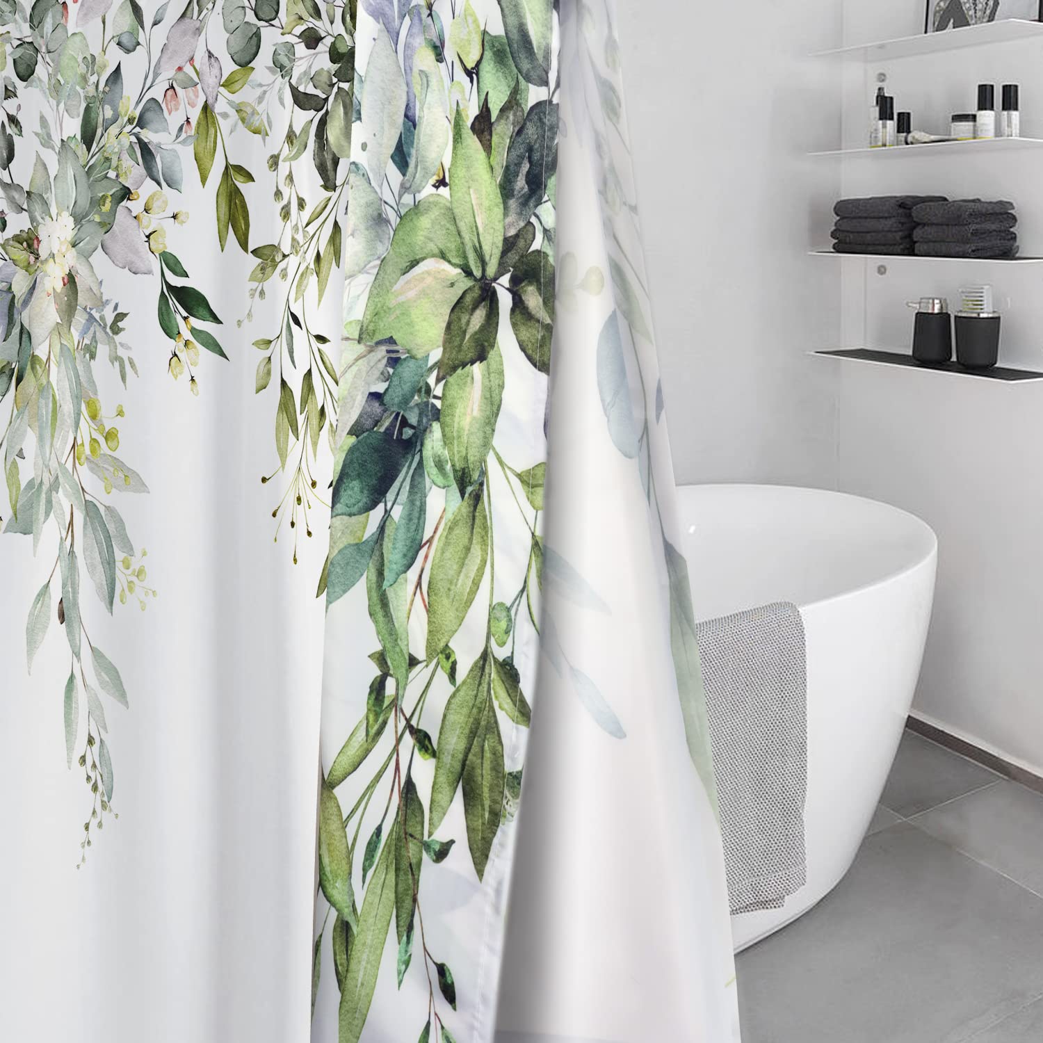 Nuseiis Sage Green Eucalyptus Shower Curtain  Watercolor Plant Leaves Shower Curtain with 12 Hooks  Decorative Botanical Shower Curtain 72 x 72 Inch