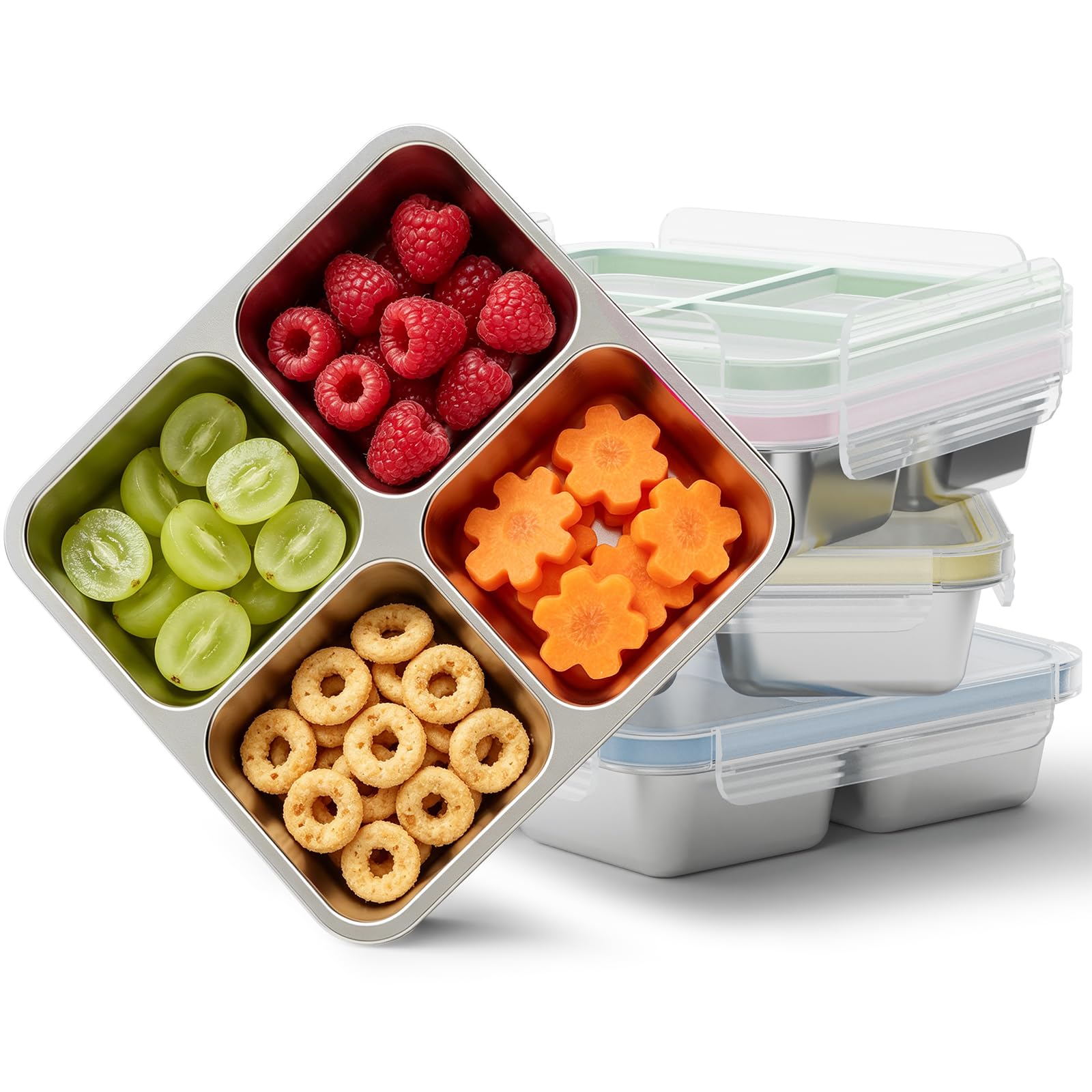Bakpoco 4 Pack Stainless Steel Snack Containers, 4 Compartment Metal Snack Containers with Lid, Compact Food Storage Box Contain