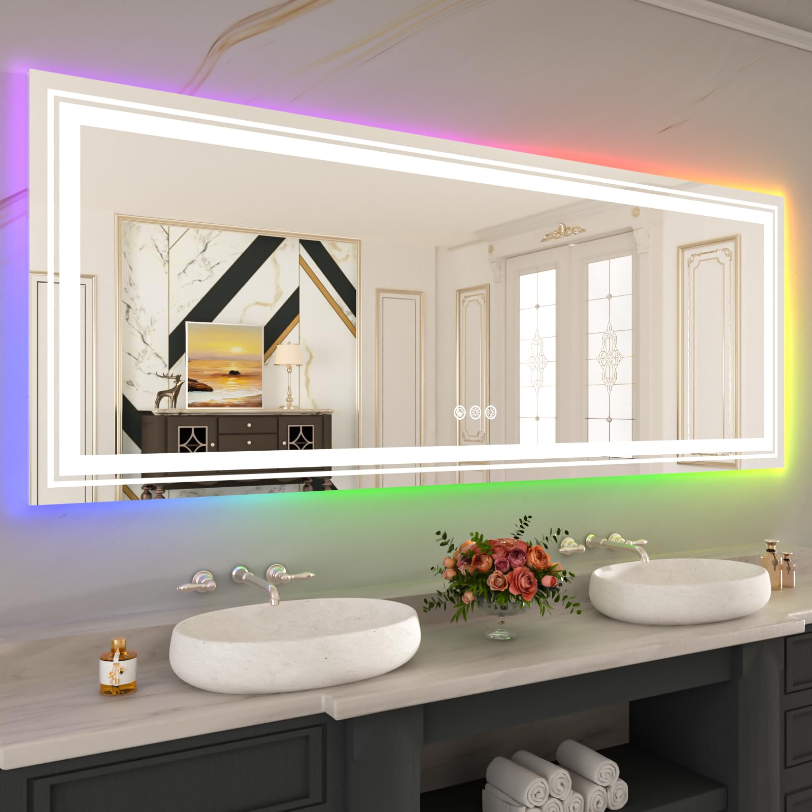 Wtty Rgb Led Mirror For Bathroom,96''X36'' Stepless Dimmable,Large Led Bathroom Mirror With Backlit And Front Light,Anti-Fog,Lig