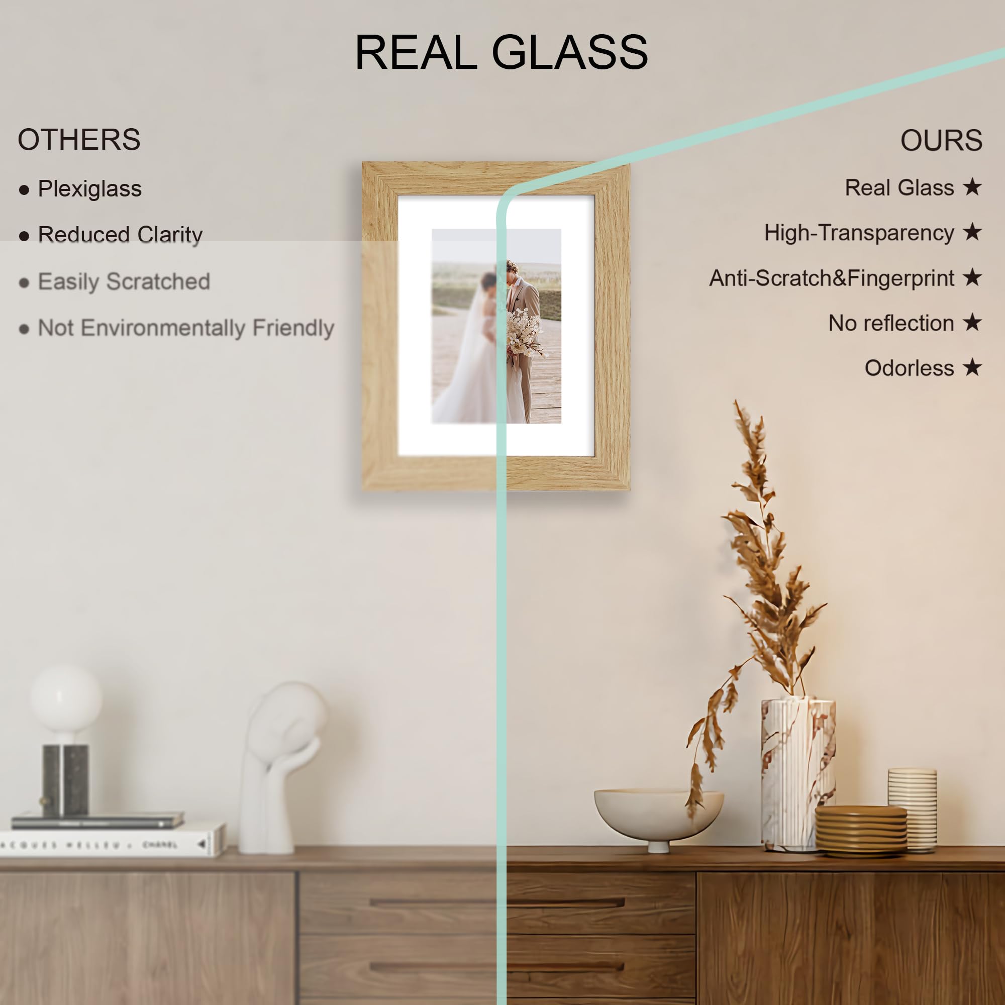 Hongkee 6x8 Picture Frame Set of 4, Made of Real Glass and Natural Oak Frame - Display Picture 4x6 with Mat or 6x8 Without Mat,