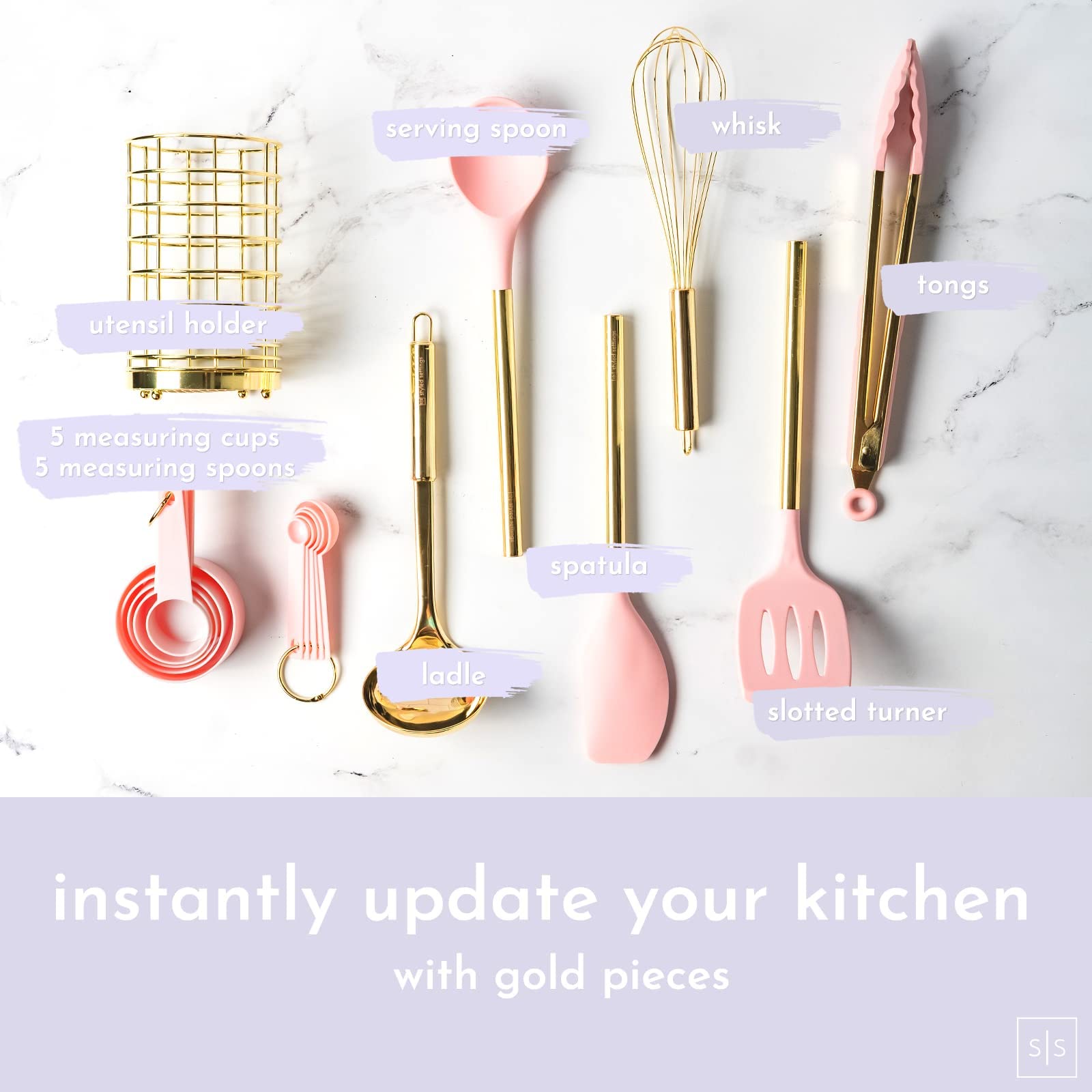 Gold & Pink Kitchen Utensils Set -17 Pc Pink Silicone And Gold Cooking Utensils Set Includes: Gold Utensil Holder, Pink Measurin