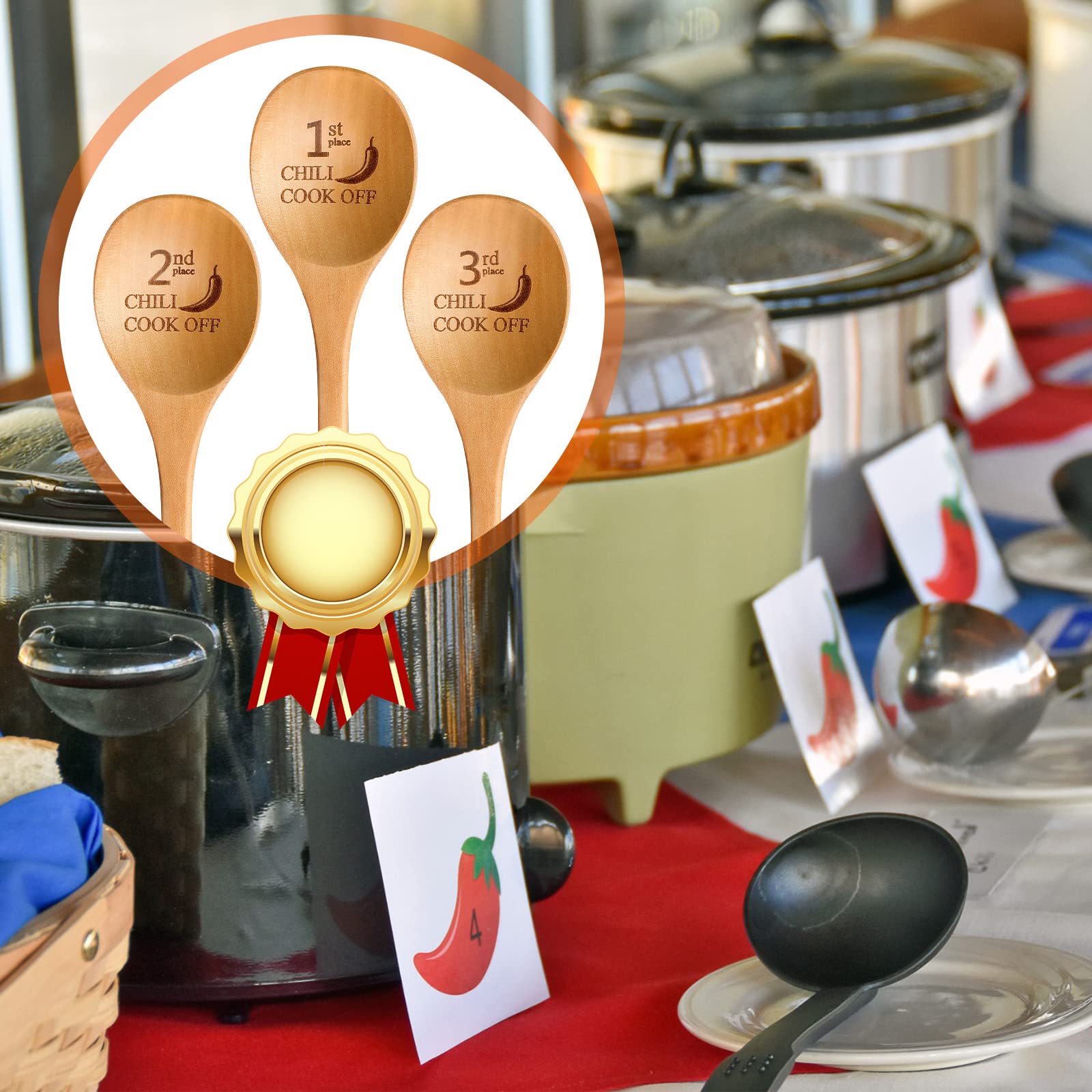 Set Of 3 Chili Cook Off Trophies Prizes, 1St, 2Nd, 3Rd, Wooden Spoons For Cooking, 13 Inch Awards Long Handled Cooking Spoons Fo