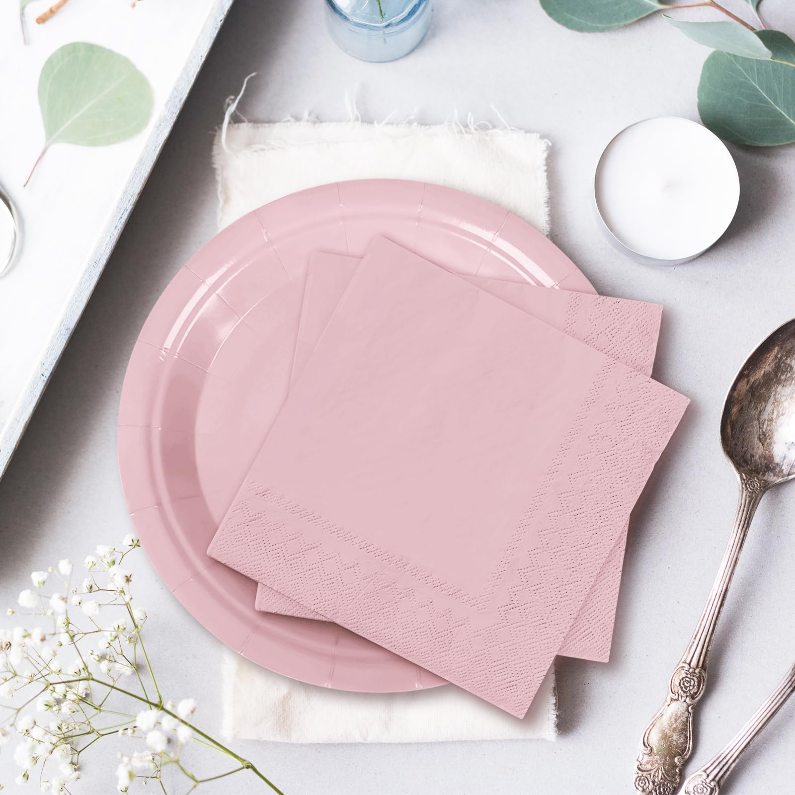 Whaline 100Pcs Valentine'S Day Dusty Pink Tableware Set Disposable Dinnerware Set 50Pcs Paper Plates 25Pcs Napkin 25Pcs Cups For