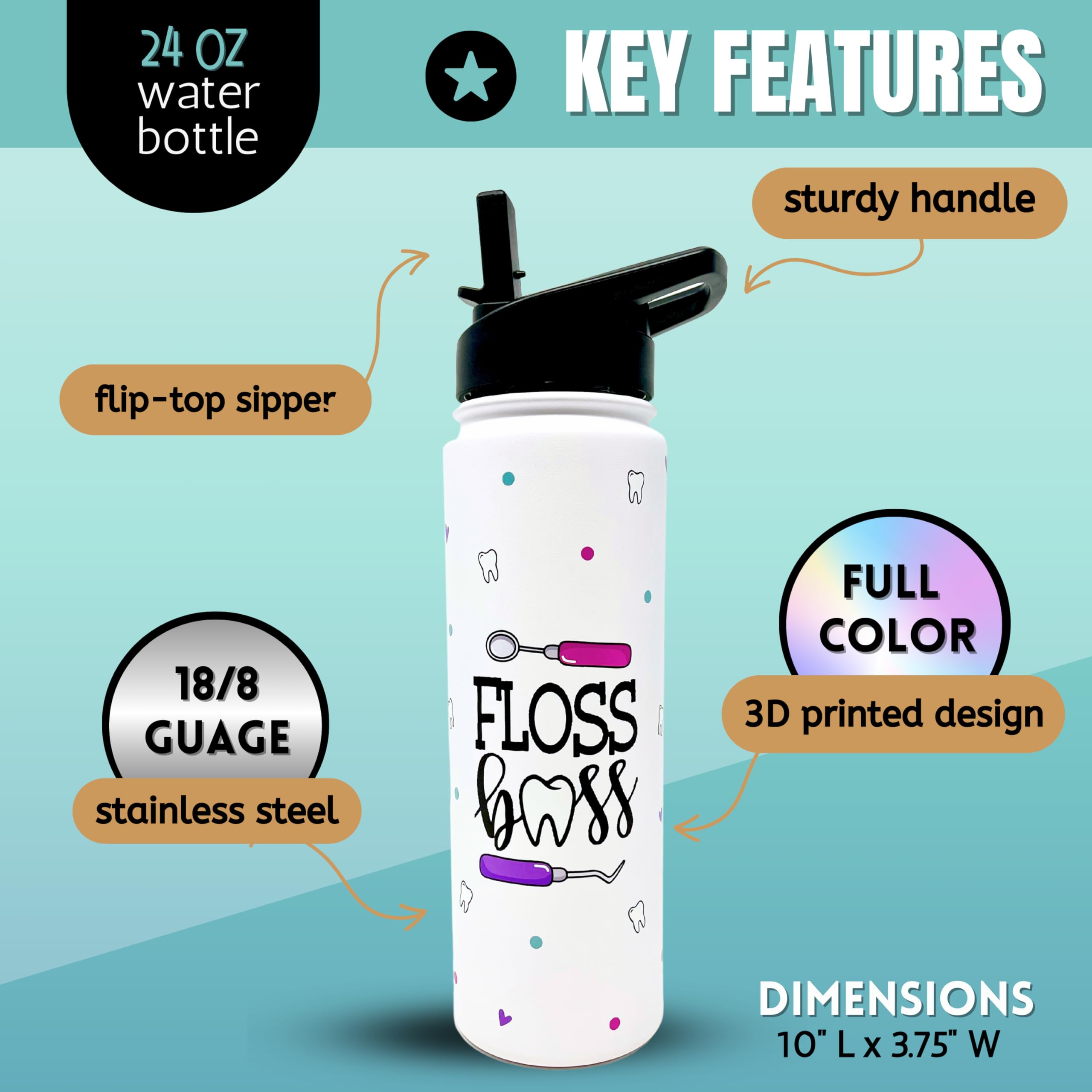 Brooke & Jess Designs Floss Boss 24 Oz Insulated Water Bottle Dental Assistant Hygienist Appreciation Gifts For Dentists, Women