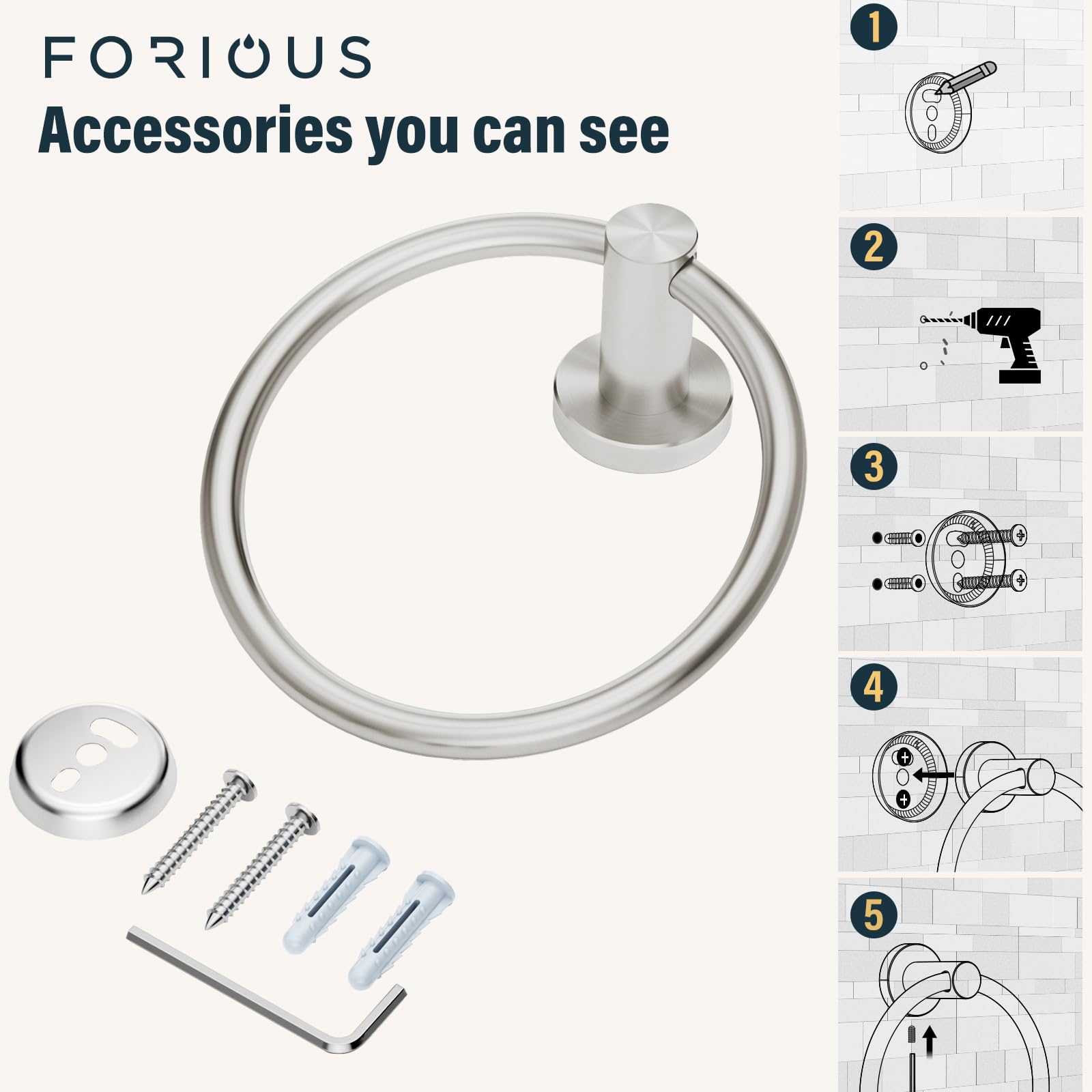Forious Brushed Nickel Towel Ring 2 Packs, Sus304 Stainless Steel Hand Towel Holder For Bathroom Wall Mounted, Modern Towel Hang