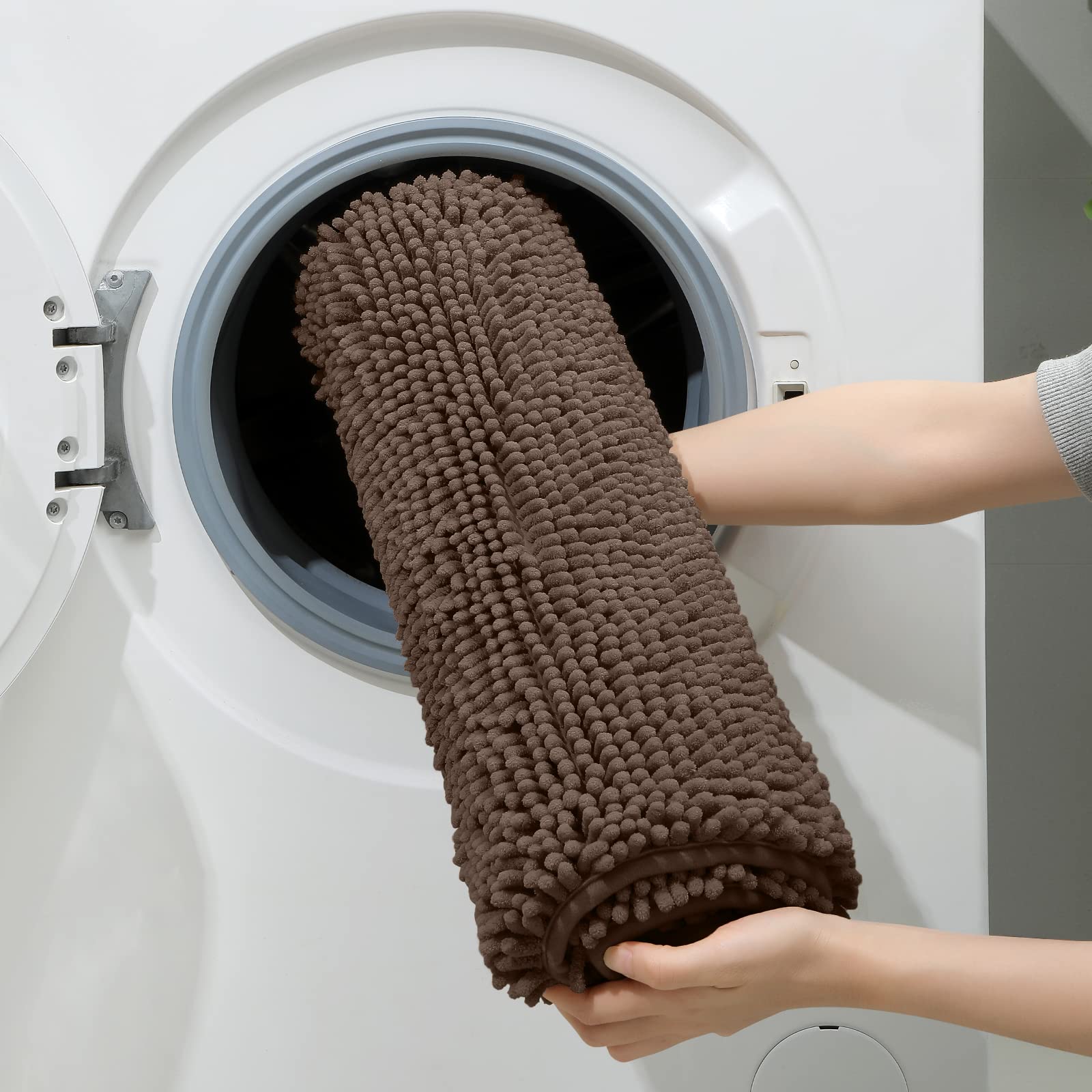 HOMEIDEAS 3 Pieces Bathroom Rugs  Ultra Soft Non Slip Absorbent Chenille Toilet Bath Mat Set (Brown)