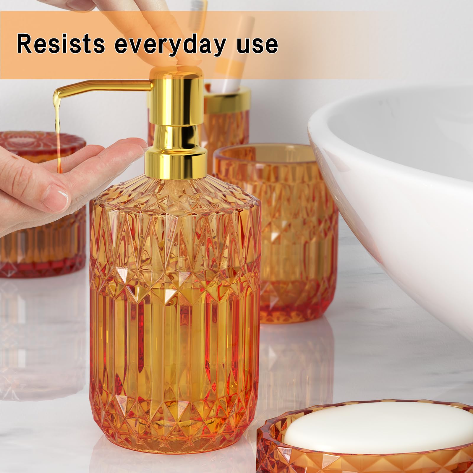 Orange Bathroom Accessories Set, 5 Pcs Glass Bathroom Accessories With Lotion Soap Dispenser, Soap Dish, Toothbrush Holder, Tumb