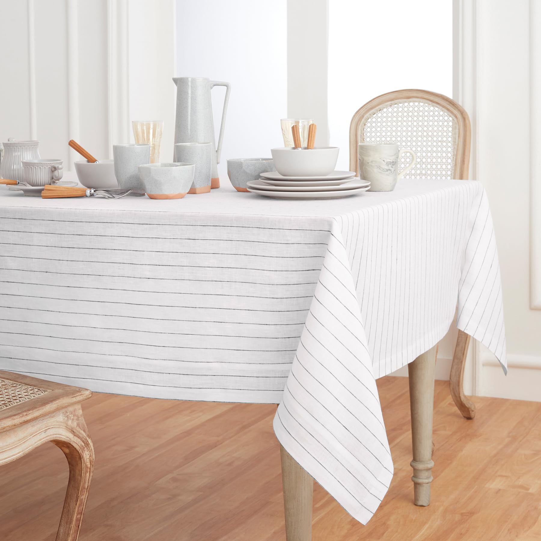 Solino Home Pinstripe Linen Tablecloth 90'' L X 60'' W Inch - 100% Pure Linen White And Black Tablecloth For Spring, Easter - Ha