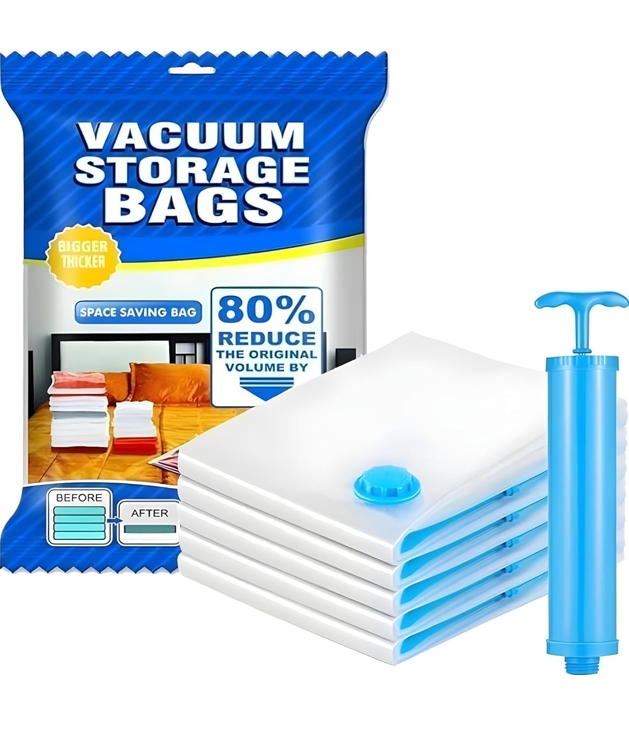 H&Hgoldi Vacuum Storage Bags, Space Saver Compression Bags For Clothes, Blankets & Bedding, Airtight, Reusable, 5 Pack With Hand