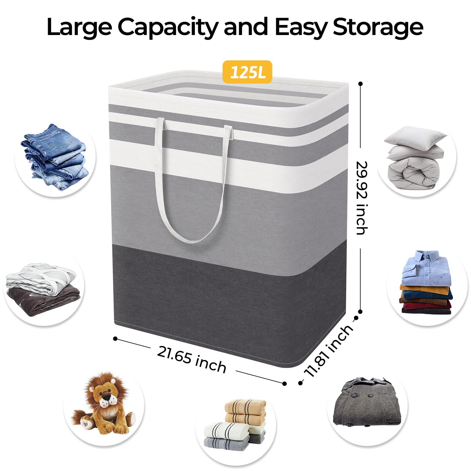 HomeHacks 2-Pack Large Laundry Basket  Waterproof  Freestanding Laundry Hamper  Collapsible Tall Clothes Hamper with Extended Handles for Clothes Toys in the Dorm and Family Gradient Grey  125L