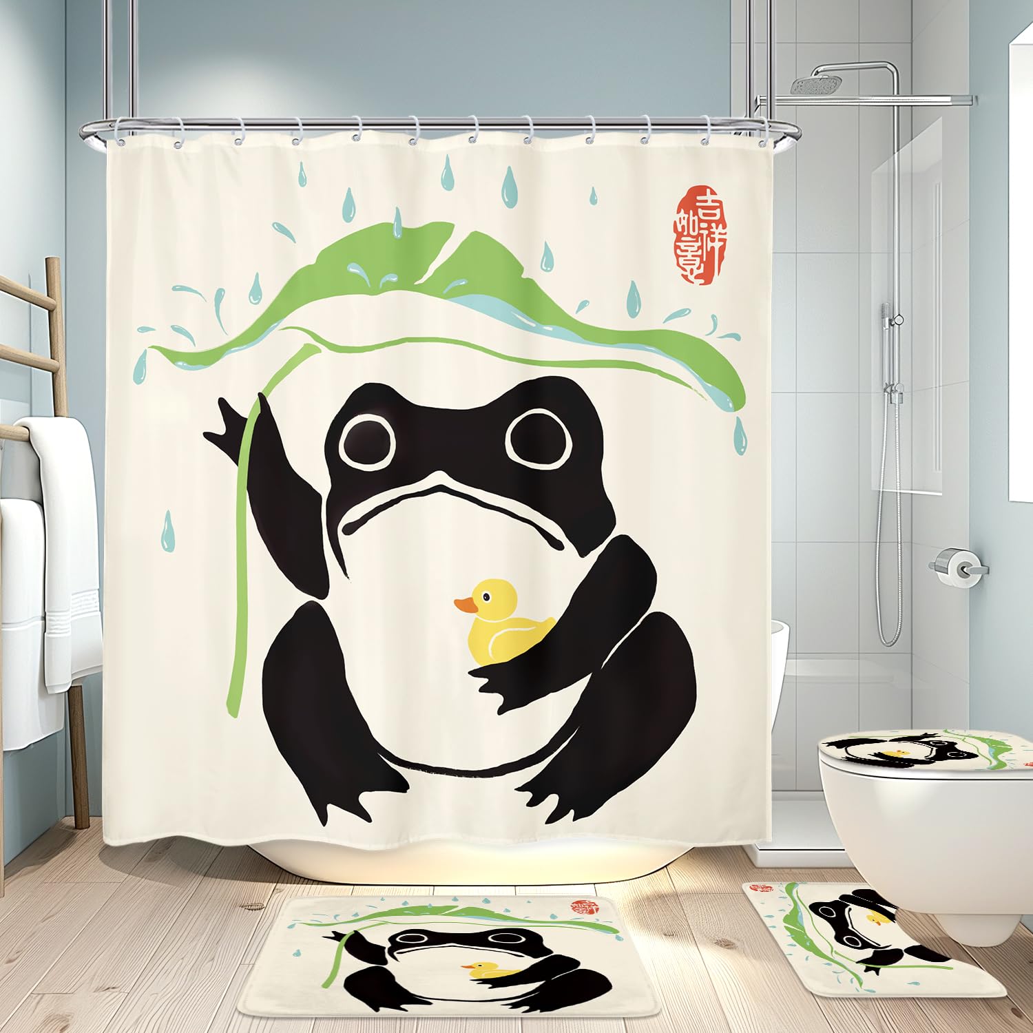 Lghtyro 4Pcs Funny Frog 71Wx71H Inches Duck Traditional Japanese Leaf Rain Shower Curtain Sets With Rugs,Toilet Lid Cover And Ba
