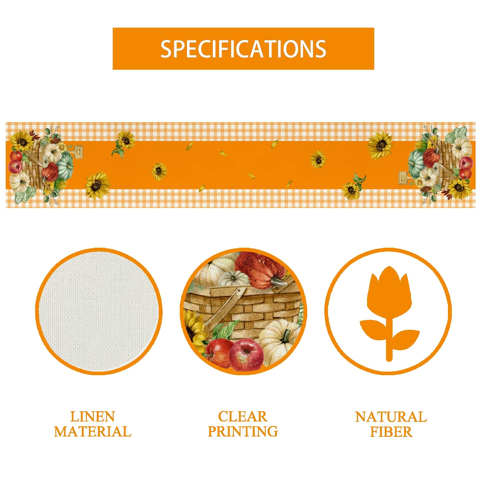 Linen Orange And White Buffalo Check Plaid Pumpkin Sunflower Fall Table Runner Farmhouse Fall Autumn Thanksgiving Kitchen Table