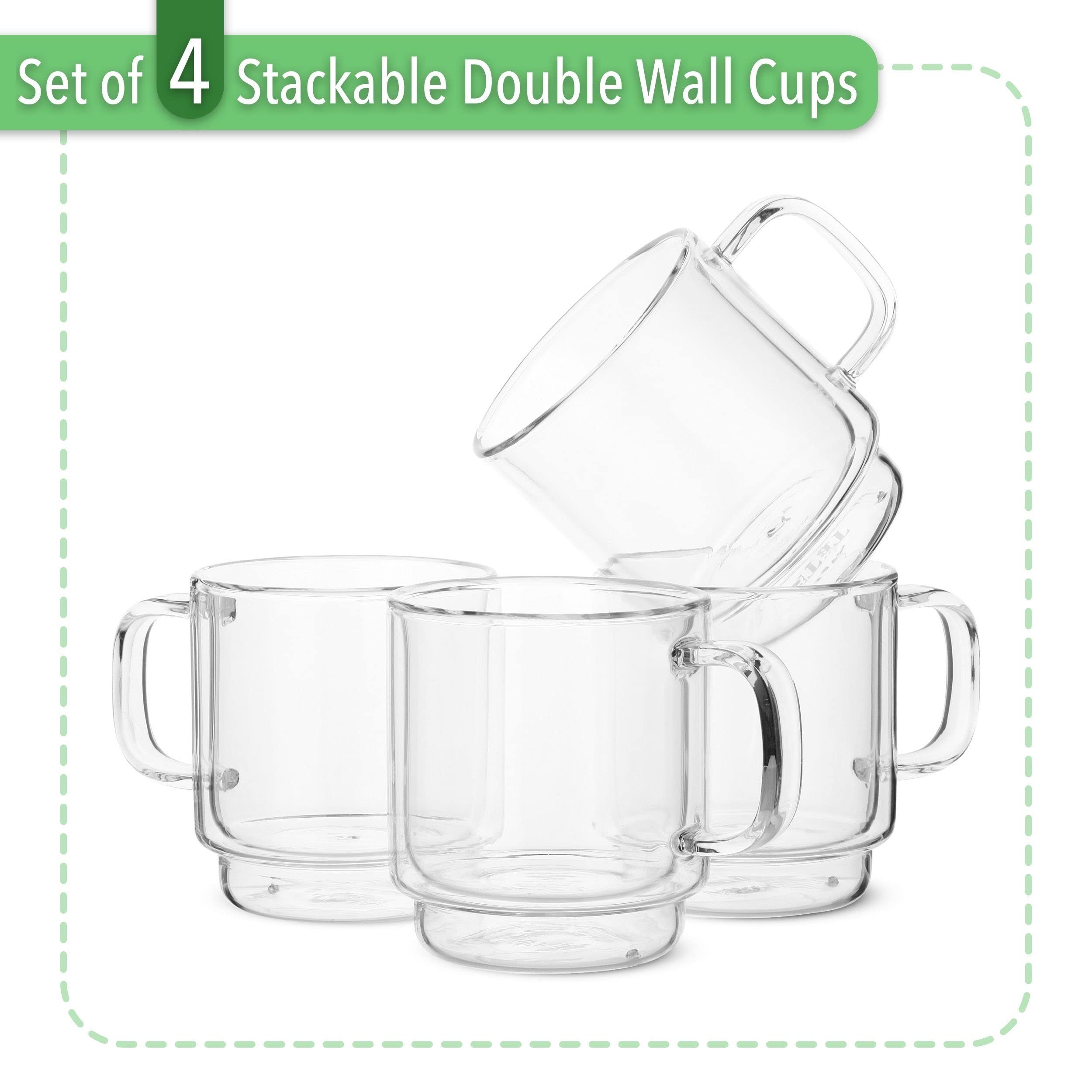 Btat- Stackable Espresso Cups, Demitasse Cups, Set Of 4 (5.0 Oz, 150 Ml), Glass Coffee Mugs, Double Wall Glass Cups, Clear Coffe