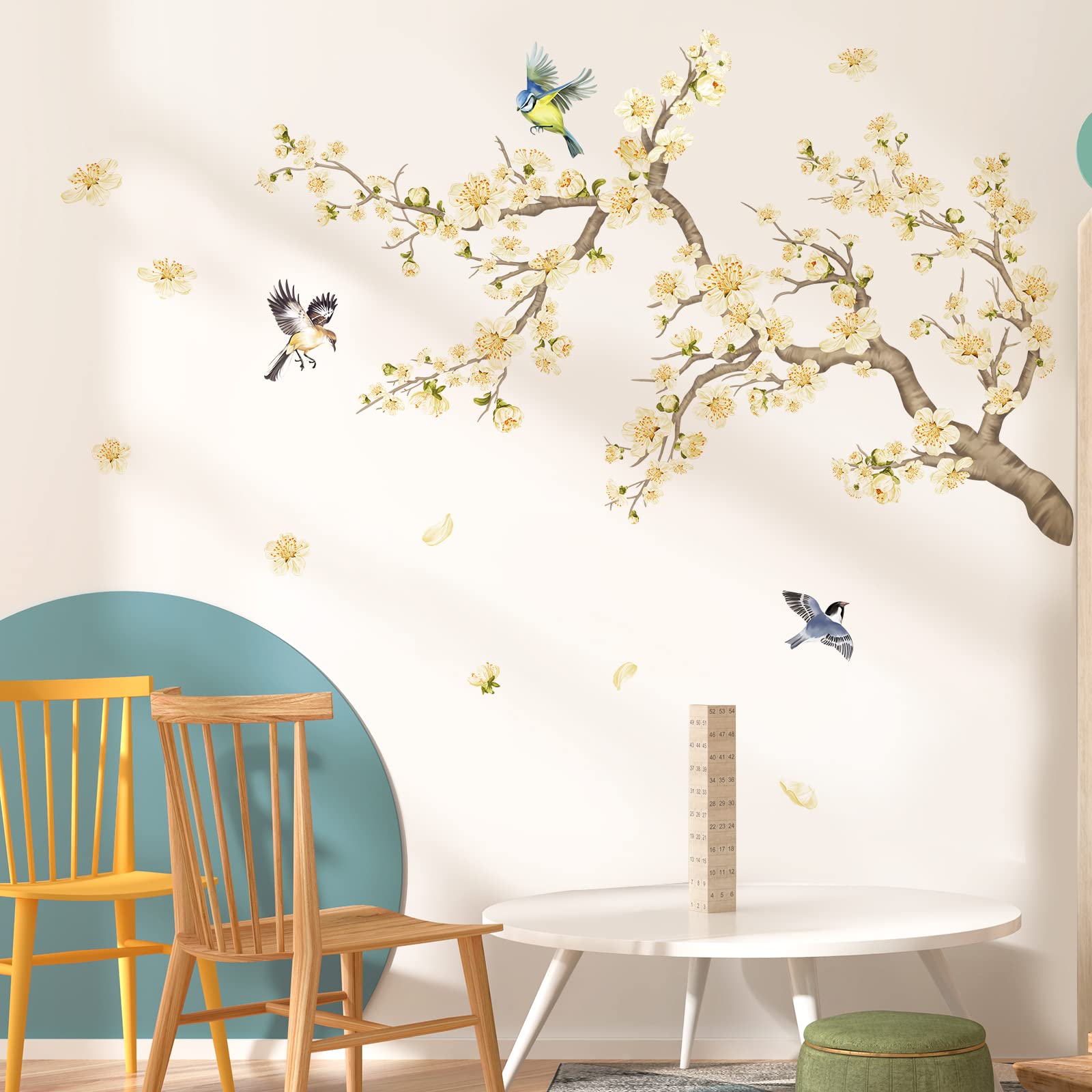decalmile Flower Branch Wall Stickers Yellow Blossom Pear Flower Birds Wall Decals Kids Bedroom Living Room Window Wall Decor