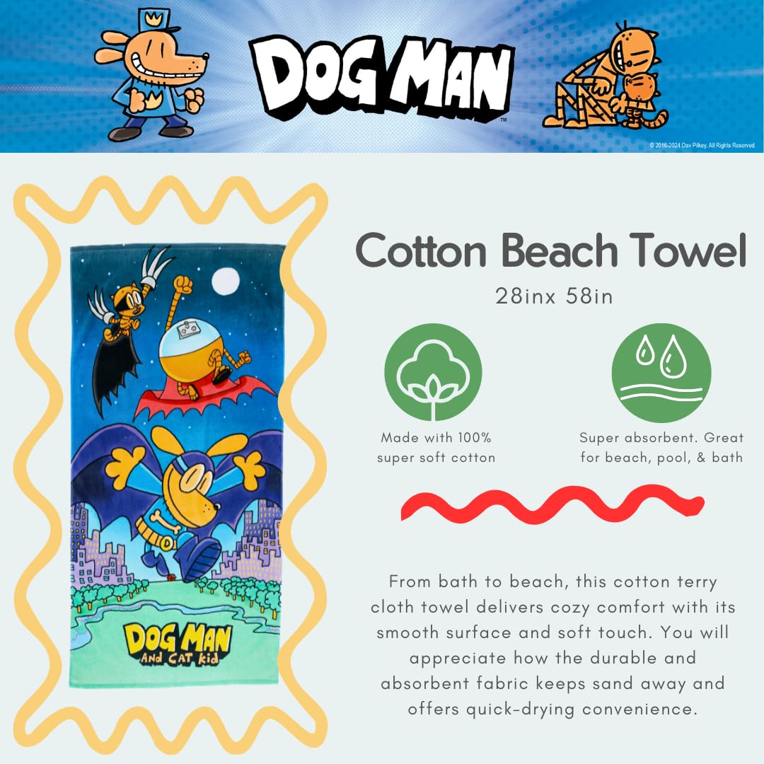 Dog Man Supa Cop & Petey Book Kids Super Soft Cotton Bath/Pool/Beach Towel, 58 in x 28 in, (Offically Licensed Product) by Franc