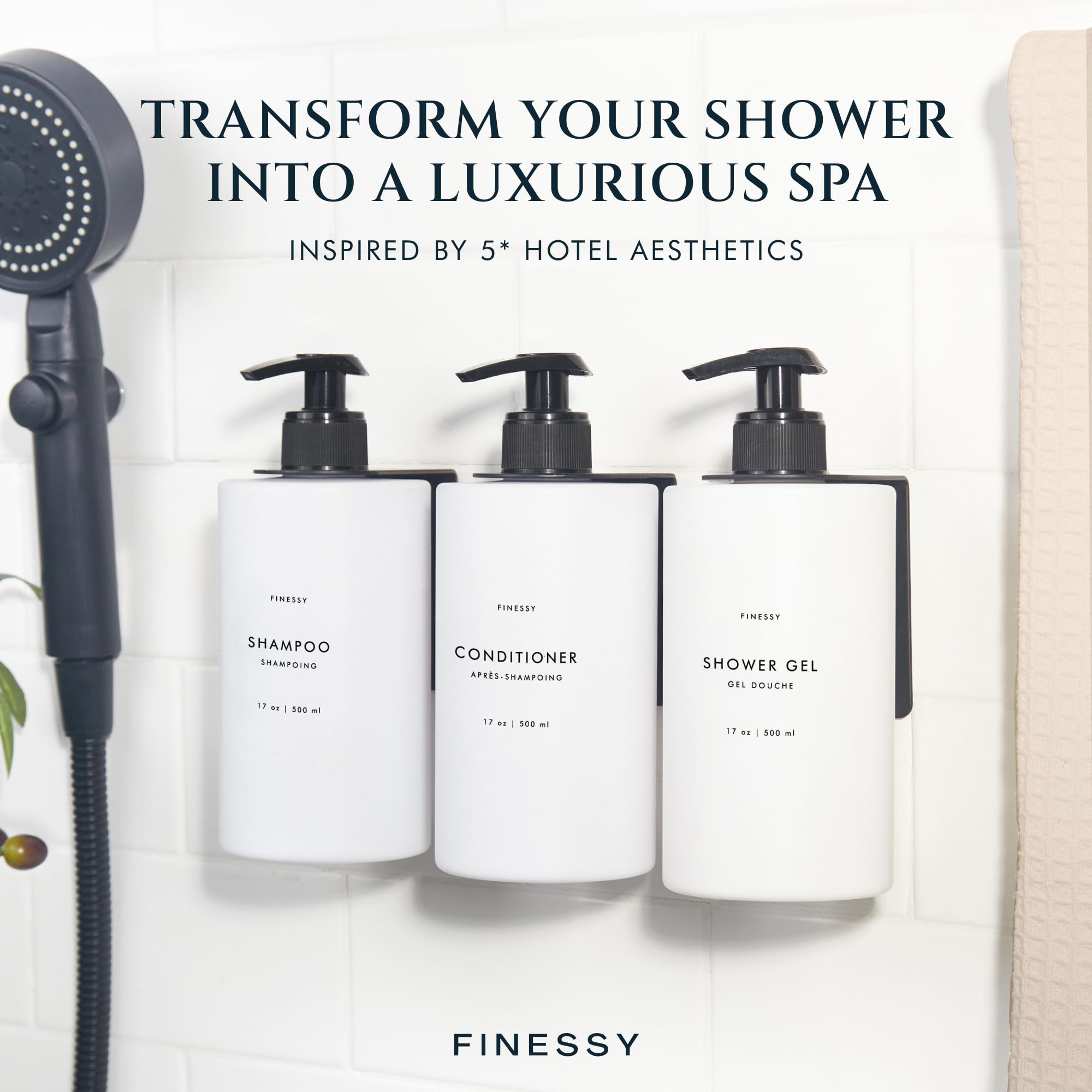 No Drill Wall Mount Shampoo And Conditioner Dispenser For Shower Gel Body Wash Soap Bottle Container Pump Luxe White Refillable