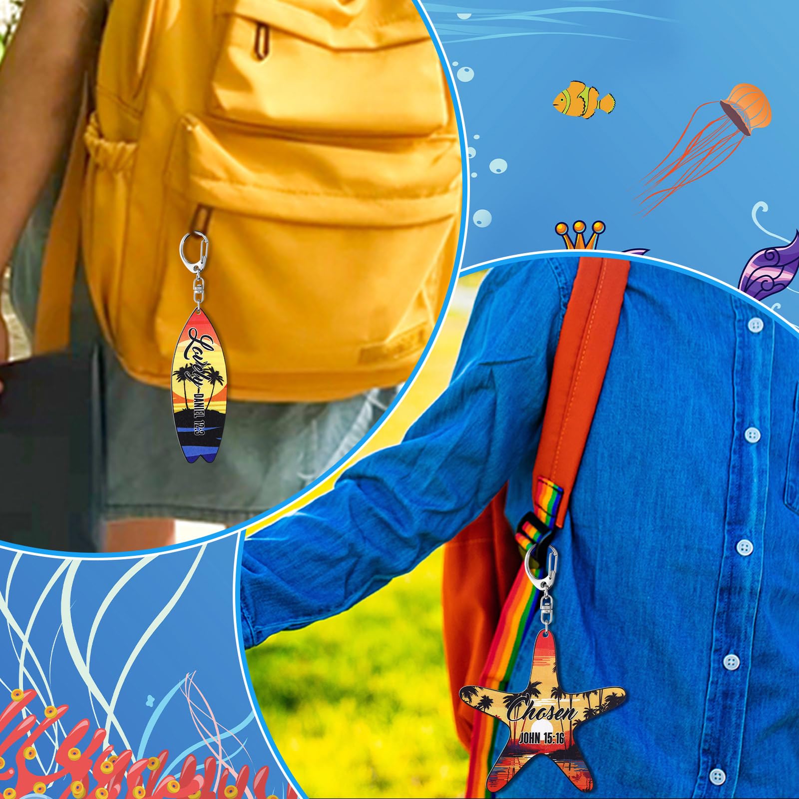 Bucherry 36 Pcs Beach Summer Party Favors Keychain Gifts Bulk Wooden Surfboard Sea Turtle Coconut Tree Christian Religious Key R