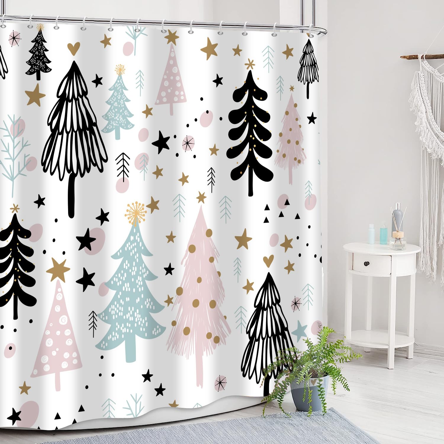 Gcirec Christmas Tree Shower Curtain, Pink And Blue Christmas Tree Snowflake Stars Winter New Year Xmas Holiday Bathroom Curtain
