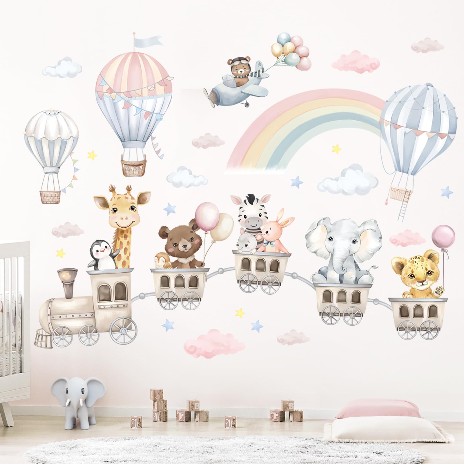 FUFUQUARE Animal Train & Hot Air Balloons Kids Wall Stickers Rainbow Elephant Giraffe Wall Decals Baby Nursery Bedroom Girls Wal