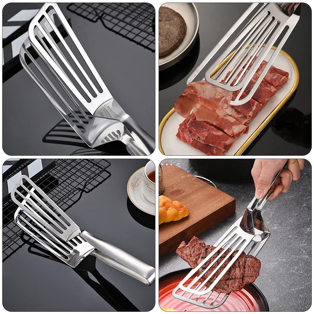 Hemoton Fish Spatula Stainless Steel Slotted Barbecue Clip Steak Clamp For Flipping Frying Fish Meat Eggs Pancakes