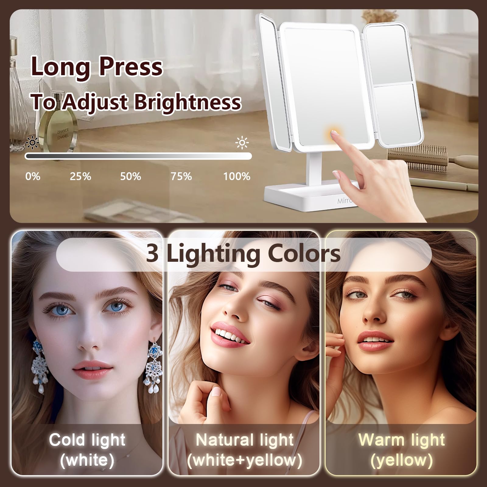 Makeup Mirror Vanity With Lights, 83 Leds, 360-Degree Uniform Fill Light, 3-Color Lighting, Touch Control, Trifold Makeup Mirror