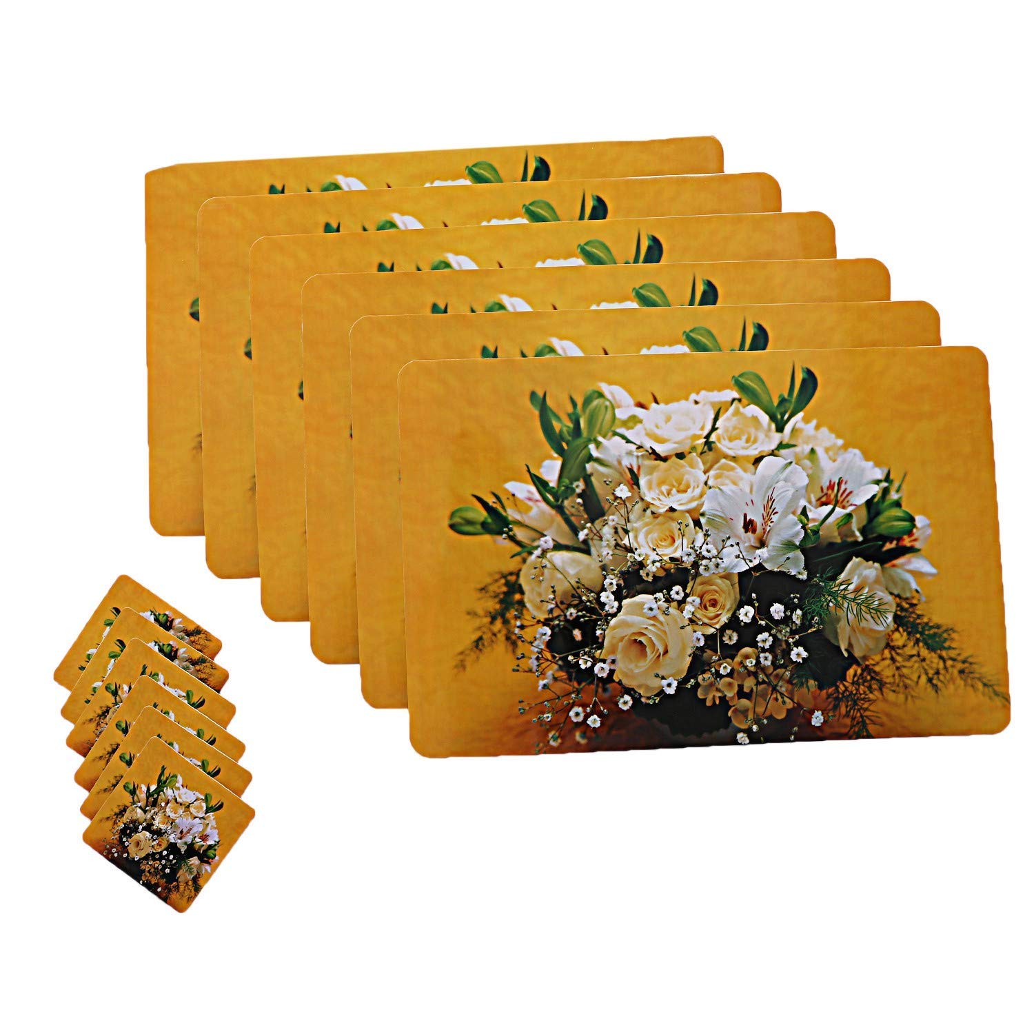 Kuber Industries Flower Pvc 6 Piece Dining Table Placemat Set With Tea Coasters - Yellow