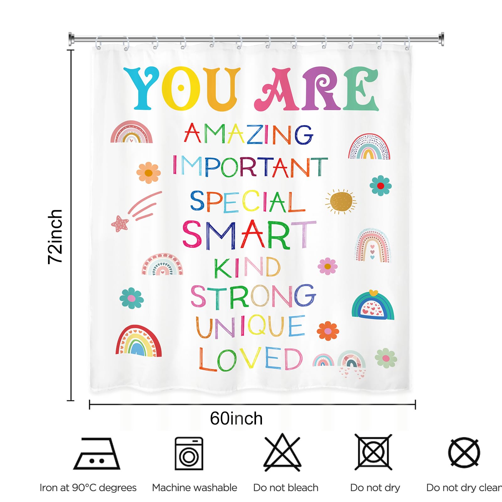 Kalmico Girls Quotes Inspirational Shower Curtain 60Wx72L Inch Rainbow You Are Motivational Positive Kids Nursery Bathroom Set A