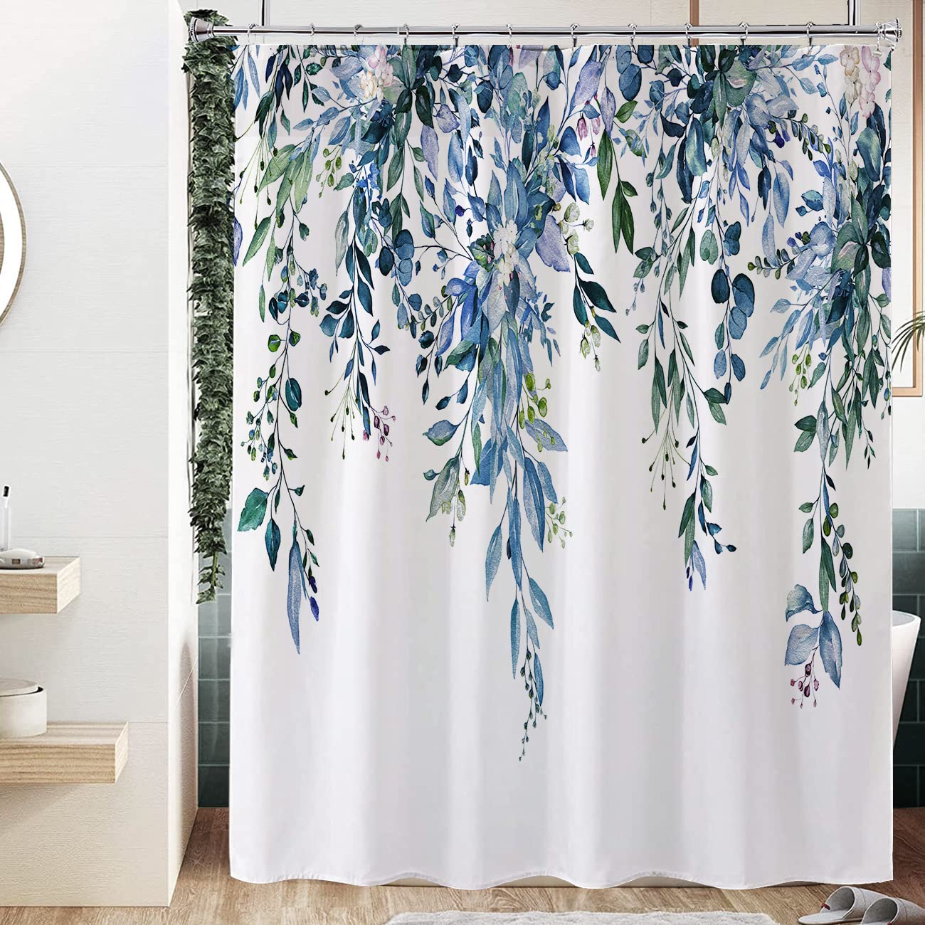 Nuseiis Blue Eucalyptus Shower Curtain Sets  Watercolor Plant Leaves Bathroom Shower Curtain  Waterproof Fabric Shower Curtain  72x72 Inch