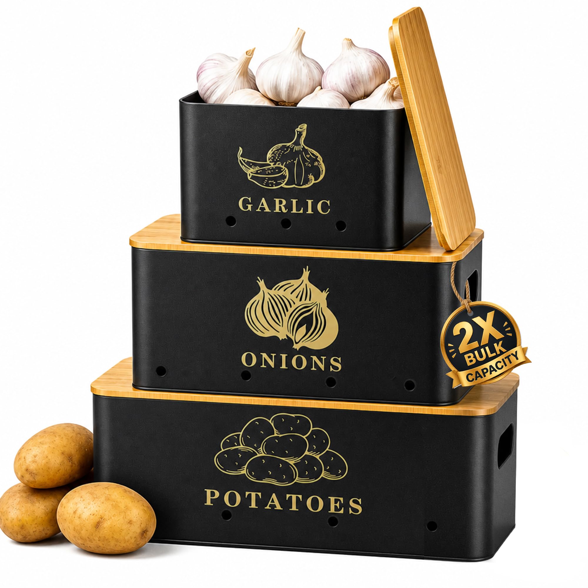 Orionstar Potato and Onion Storage Bins, 2X Bulk Capacity, 3 Pack