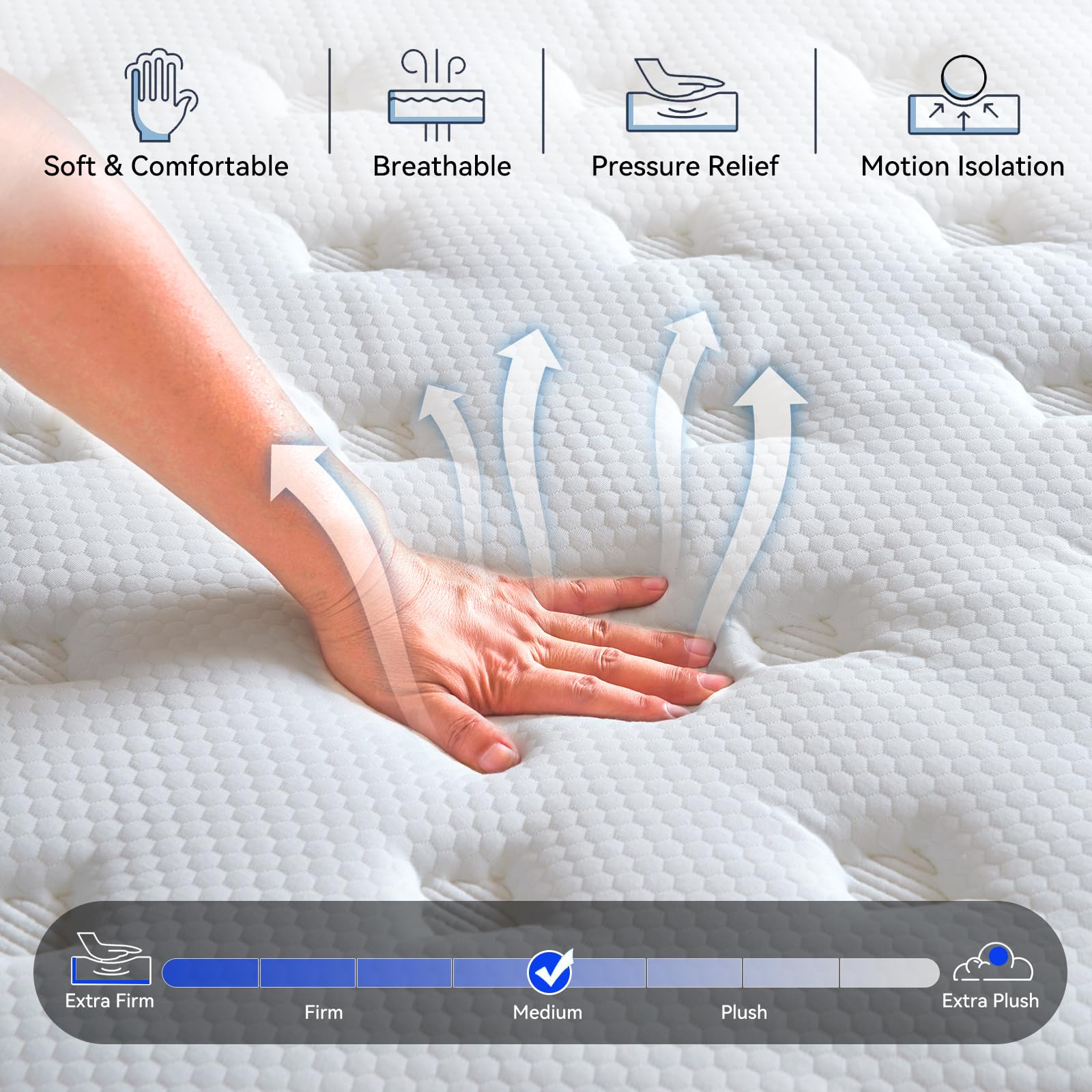 Queen Mattress 80''*60''*12'' 12 Inch Queen Size Mattress Reinforced Independent Pocket Spring Thickened Memory Foam Hybrid Thre