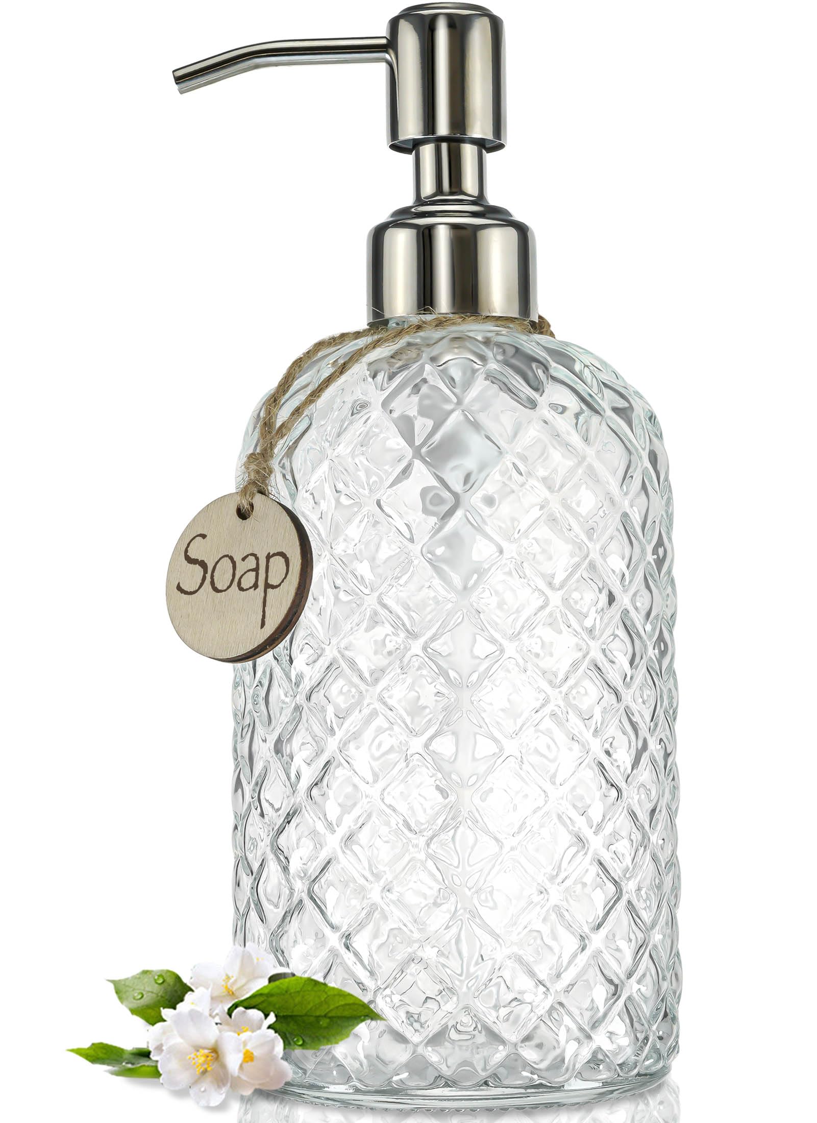 Jasai 18Oz Gem Patterned Clear Glass Soap Dispenser With Rust Proof Pump, Refillable Hand Soap Dispenser For Kitchen, Premium Ba