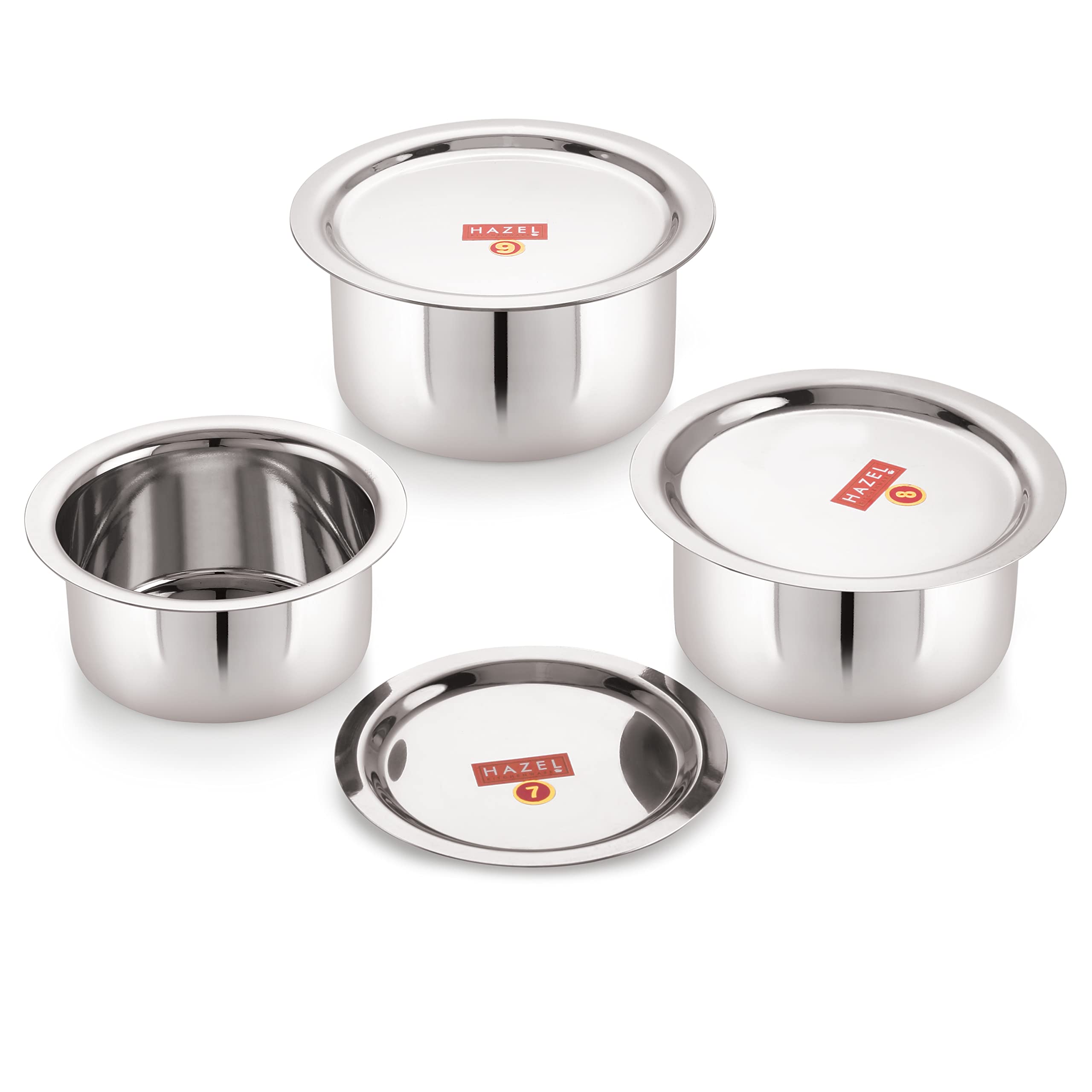 Hazel Stainless Steel Tope With Lid, Set Of 3 | Heavy Gauge Flat Bottom Patila With Lid Combo 300Ml, 500Ml & 700Ml | Durable Boi