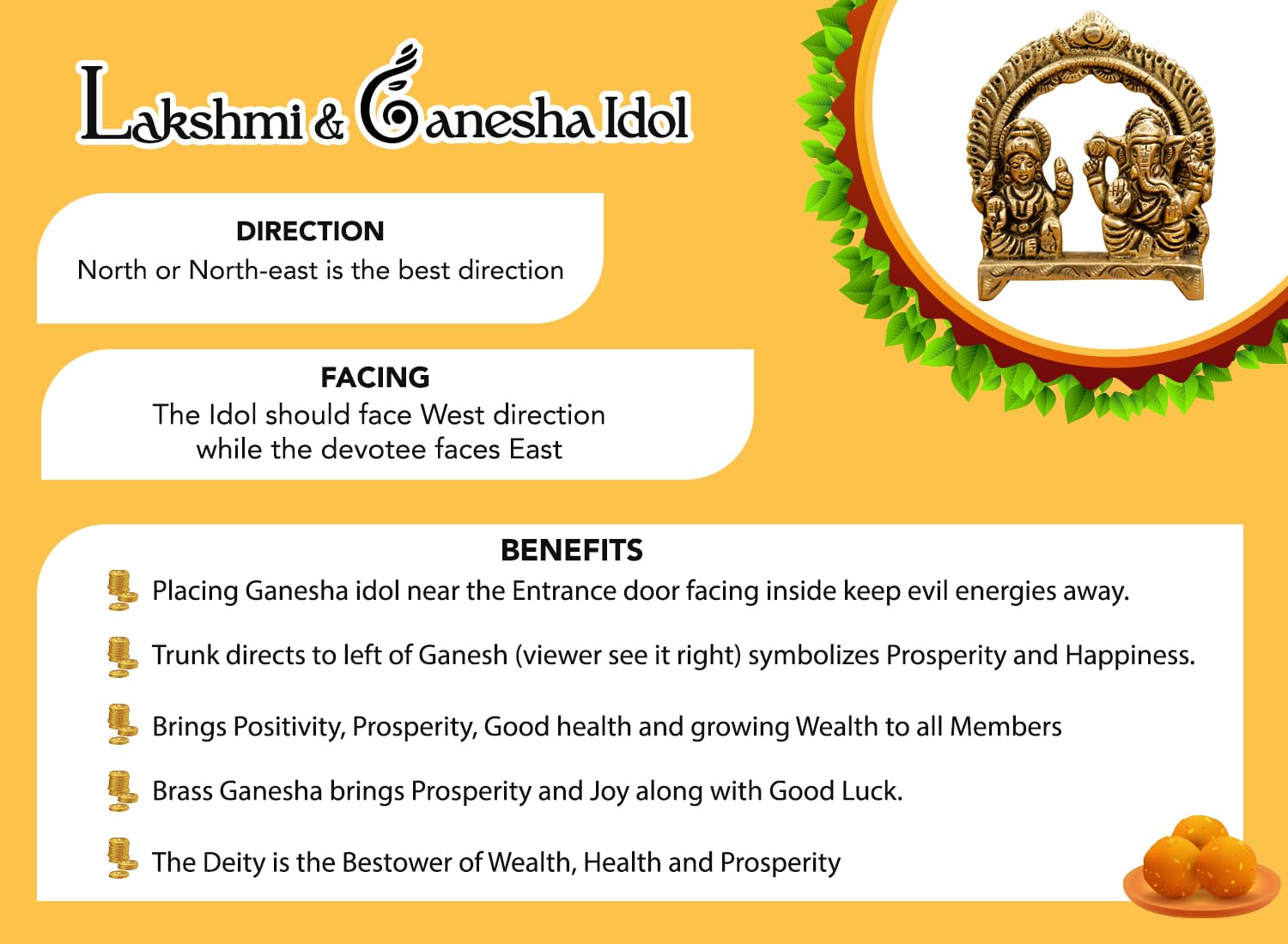 Ekhasa 100% Pure Brass Laxmi Ganesh Murti (Size: 8 cm) | Lakshmi Ganesh Idol for Diwali Puja, Study Table, Pooja Room & Home Dec