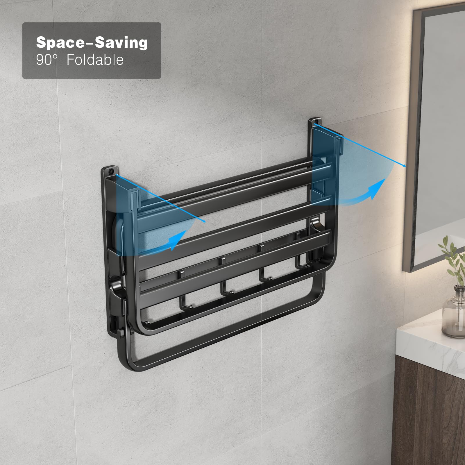 Voldra 24-Inch Towel Rack,Bathroom Towel Shelf With 2 Towel Bar Foldable Towel Holder With 7 Hooks Towel Storage Organizer For B