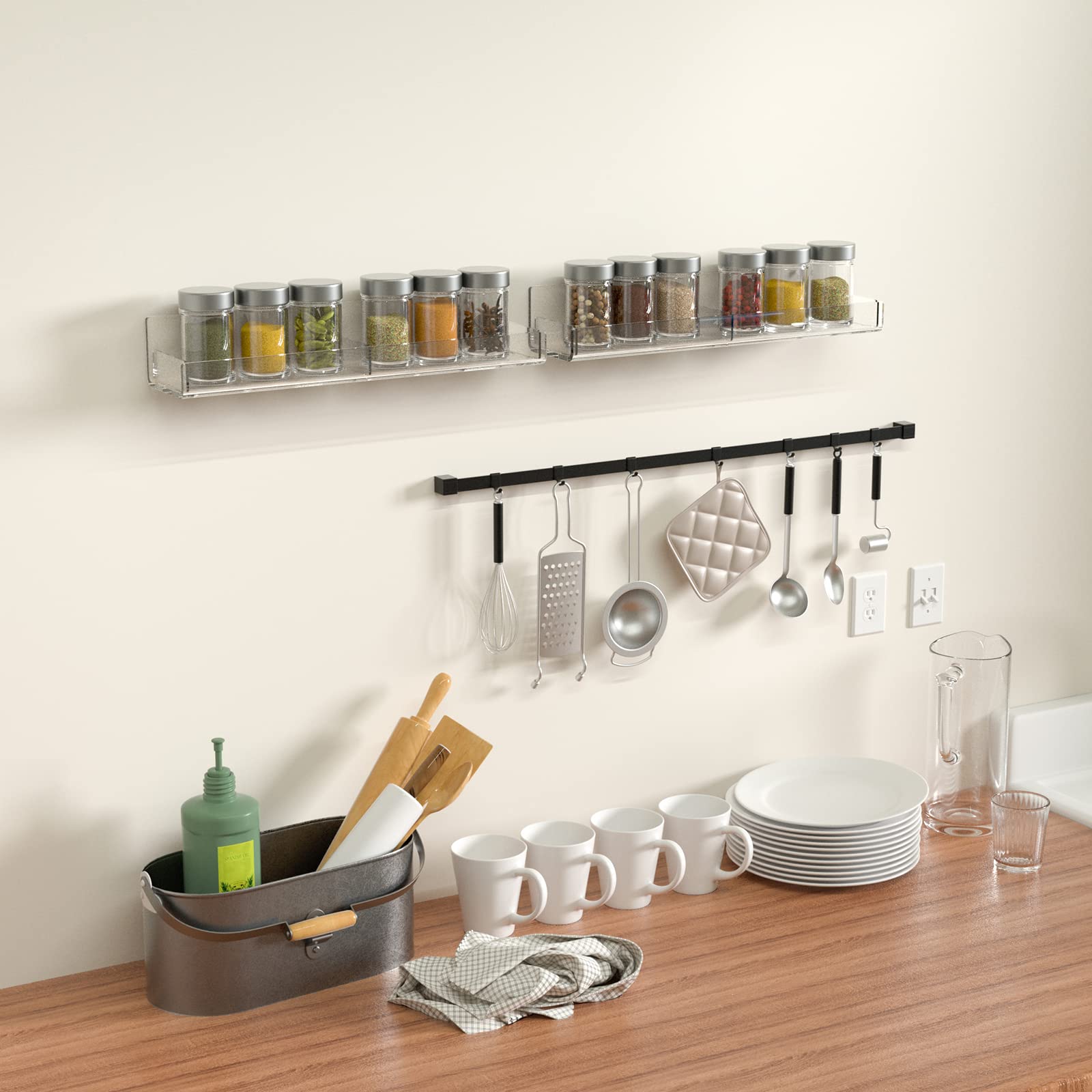 Sezanrpt Acrylic Spice Rack - Wall-Mounted Hanging Shelf Organizer for Seasonings, Clear, 2 Pack